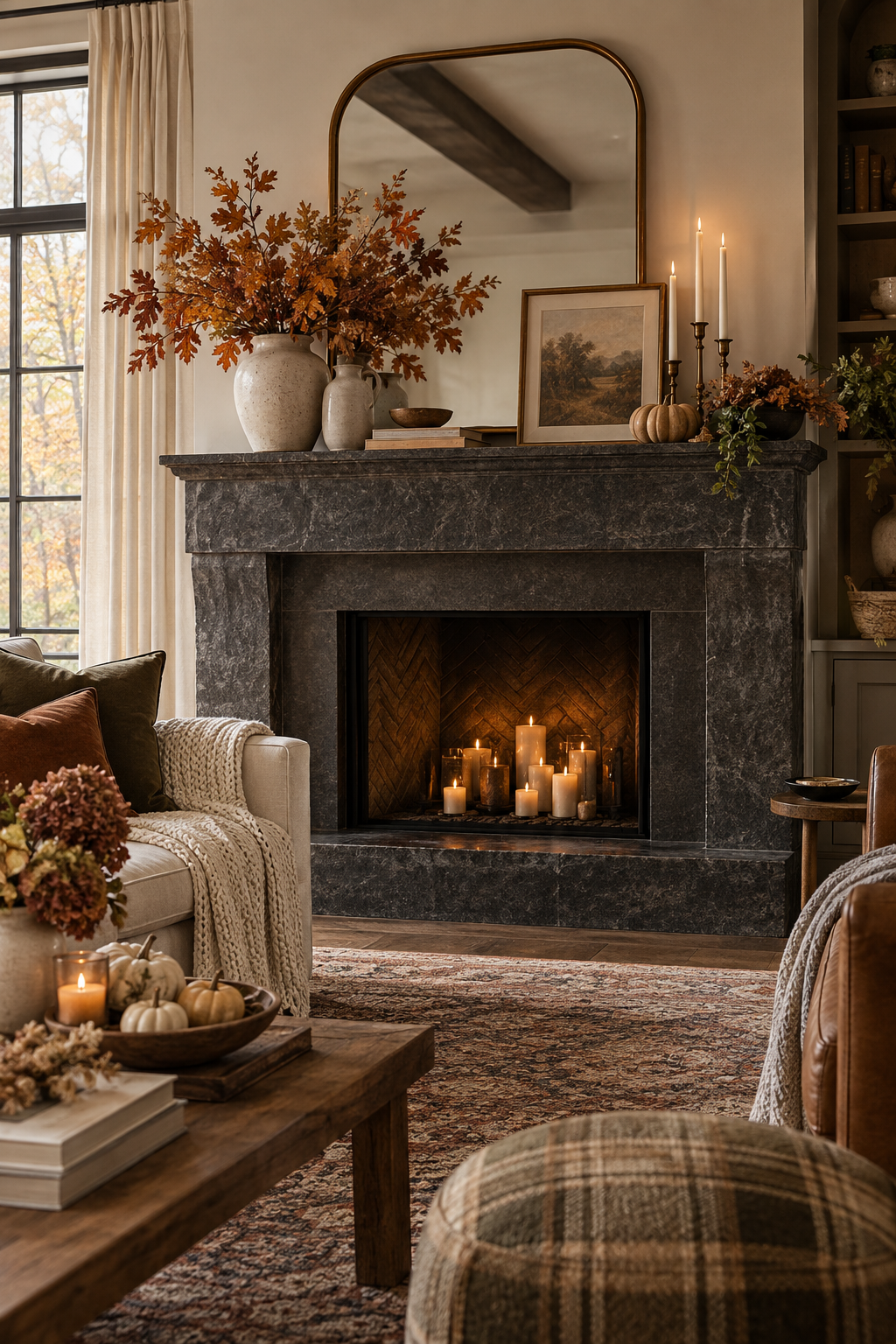Light fall decor on a dark stone fireplace