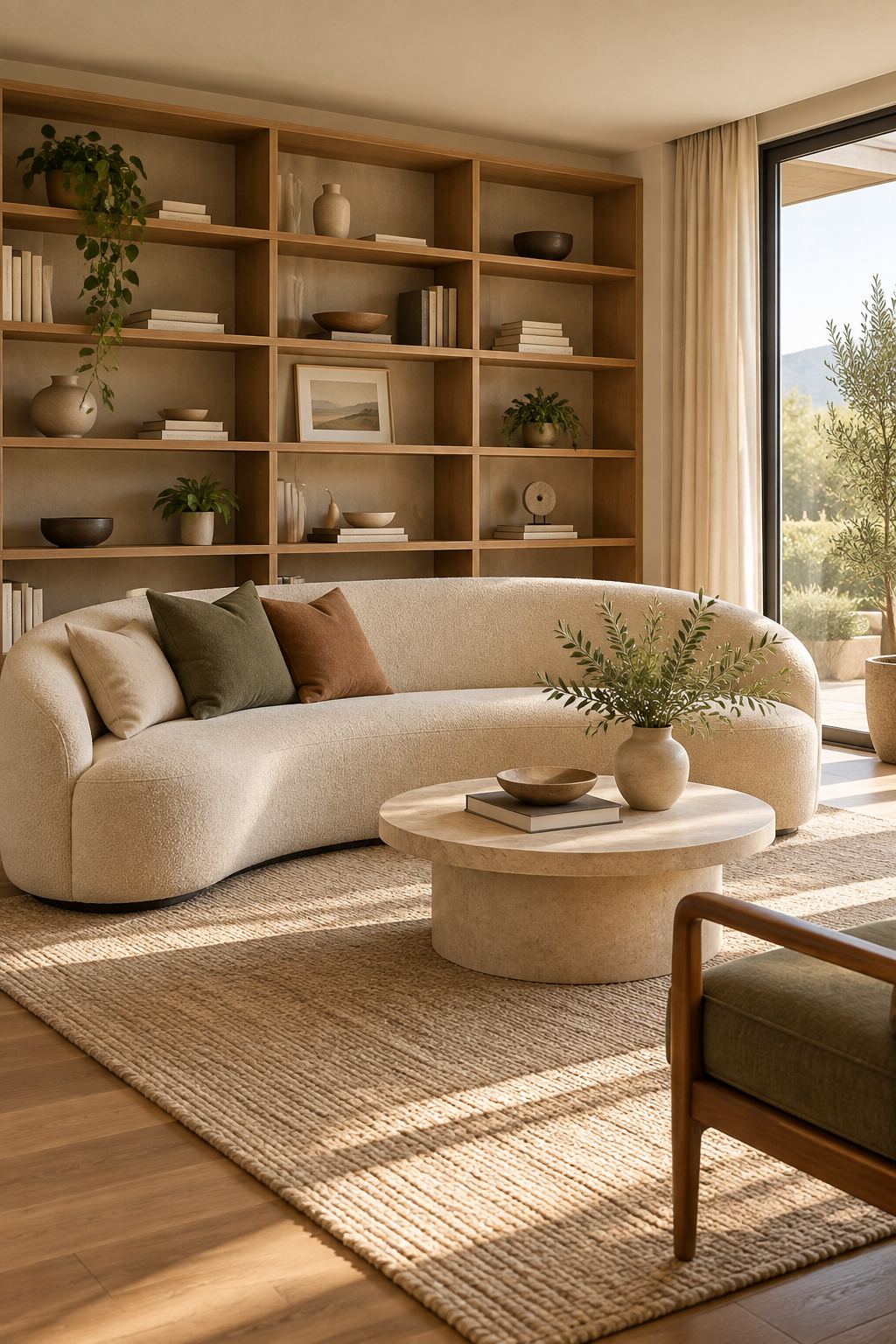 Balance a Curved Sofa with Linear Shelving