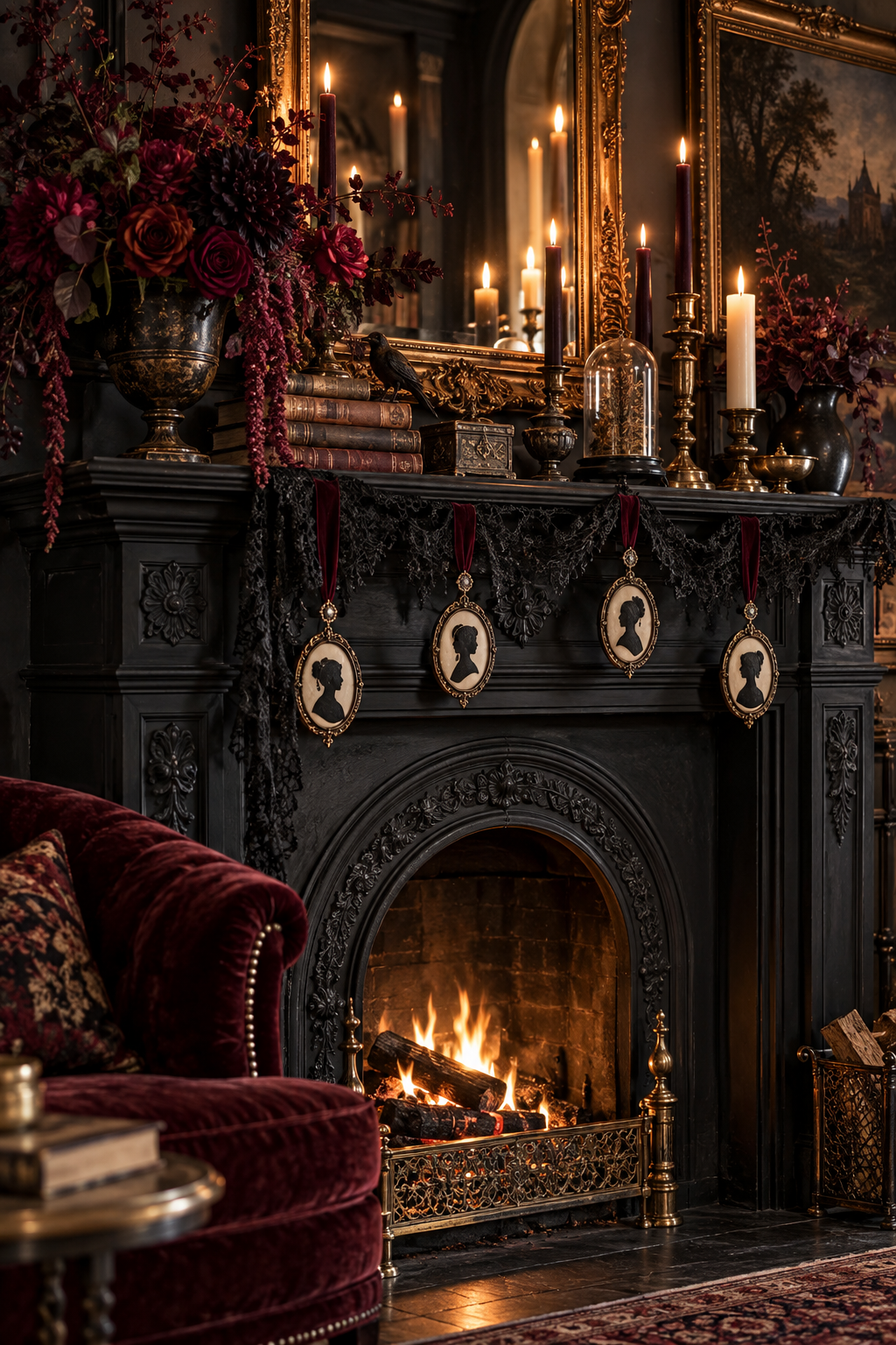 Hang Cameo Portrait Ornaments styled as gothic Victorian Halloween mantel ideas