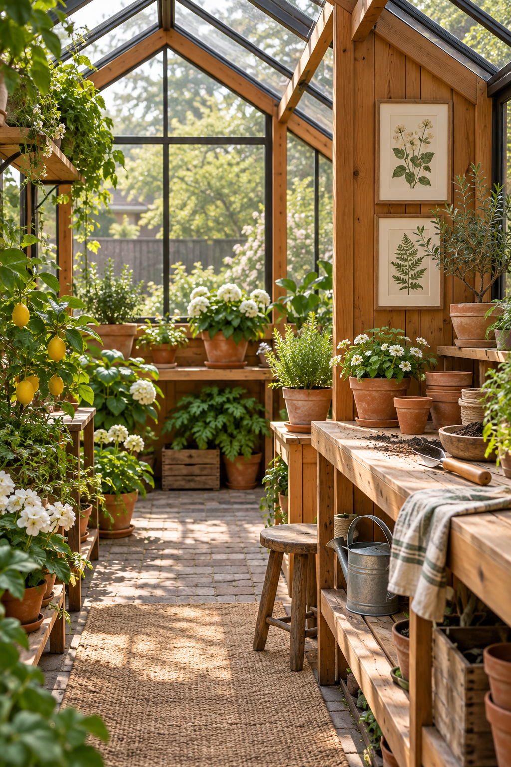 Use Botanical Prints Sparingly inside a beautiful garden greenhouse
