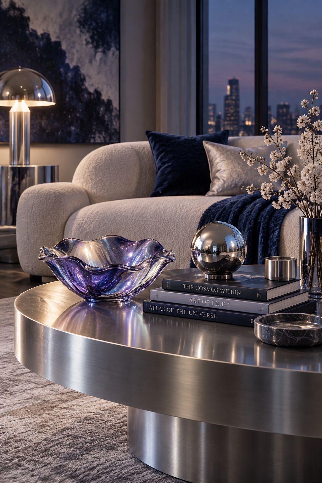 Coffee table with iridescent glass, silver objects and celestial styling