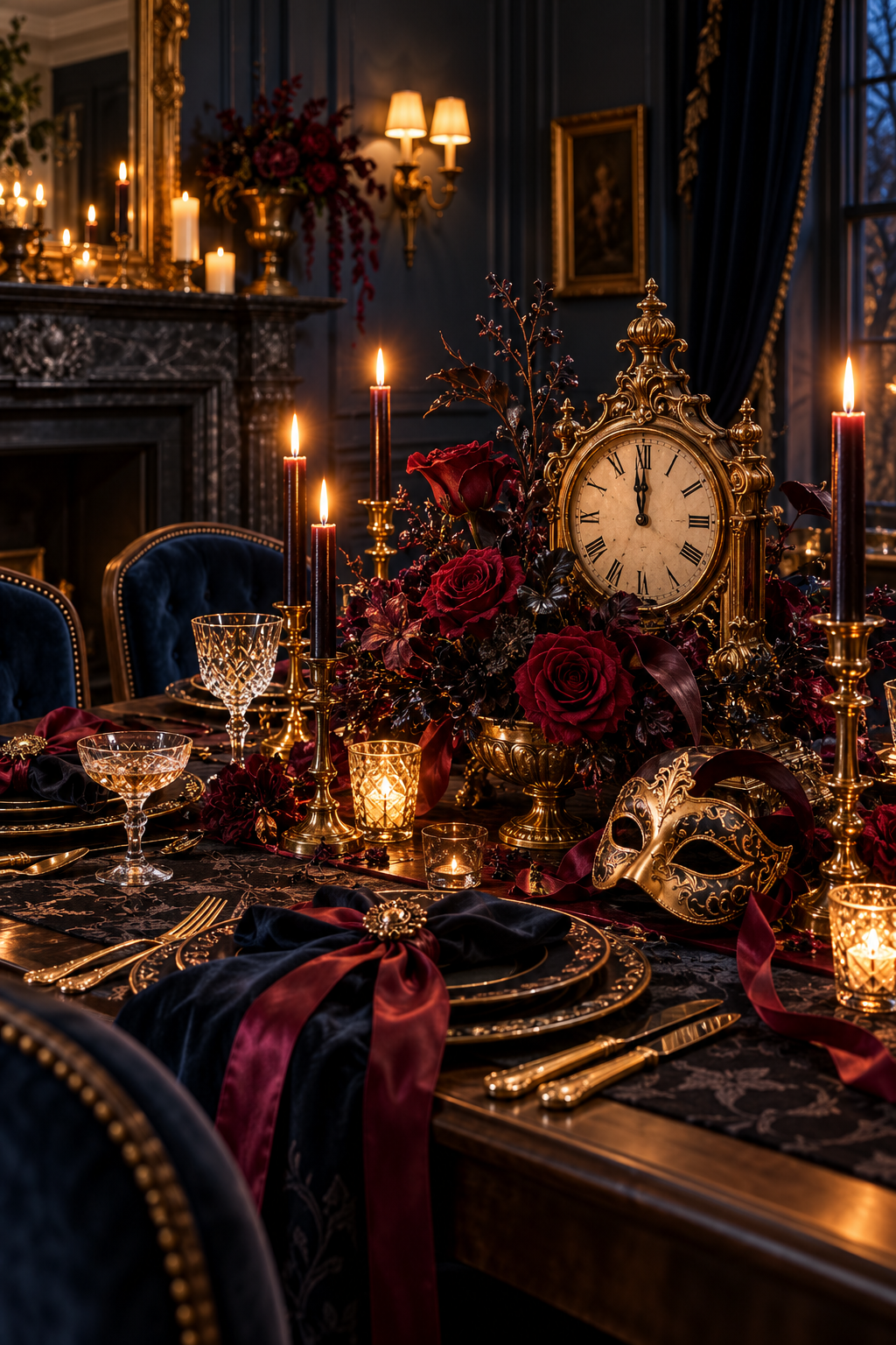 Add a Midnight Clock Motif styled as Halloween masquerade tablescape ideas