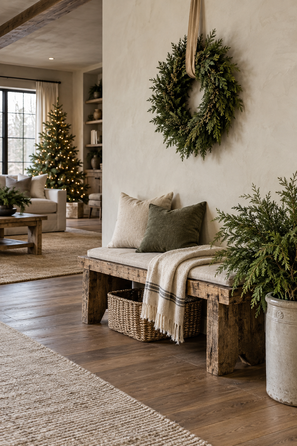 Rustic refined Christmas room with reclaimed wood, greenery and neutral linen