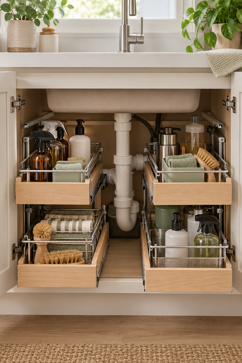 Design a Compact Under-Sink Station in an organized naturally minded cleaning station