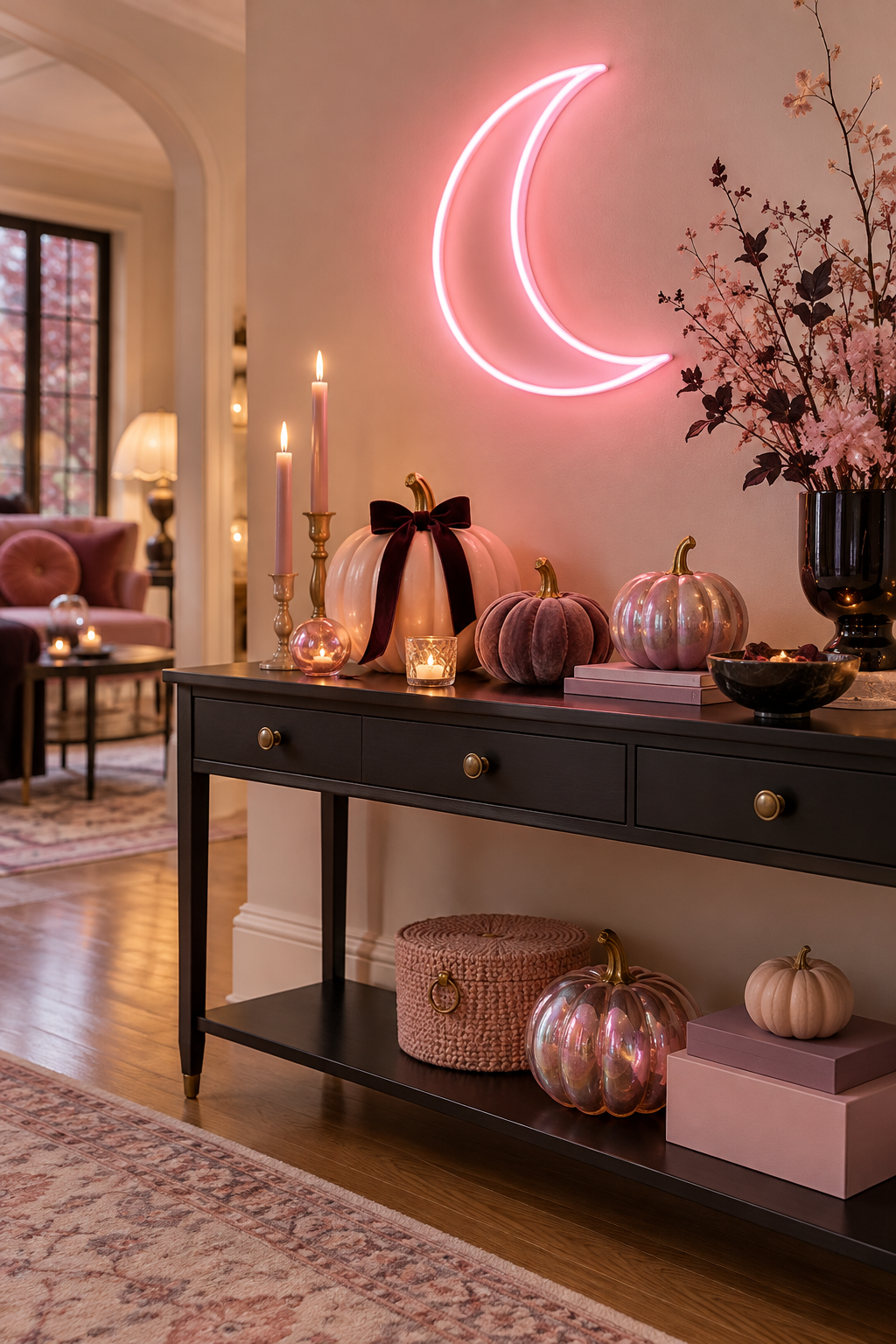 Add a Pink Neon-Style Light styled as pink Halloween decor ideas