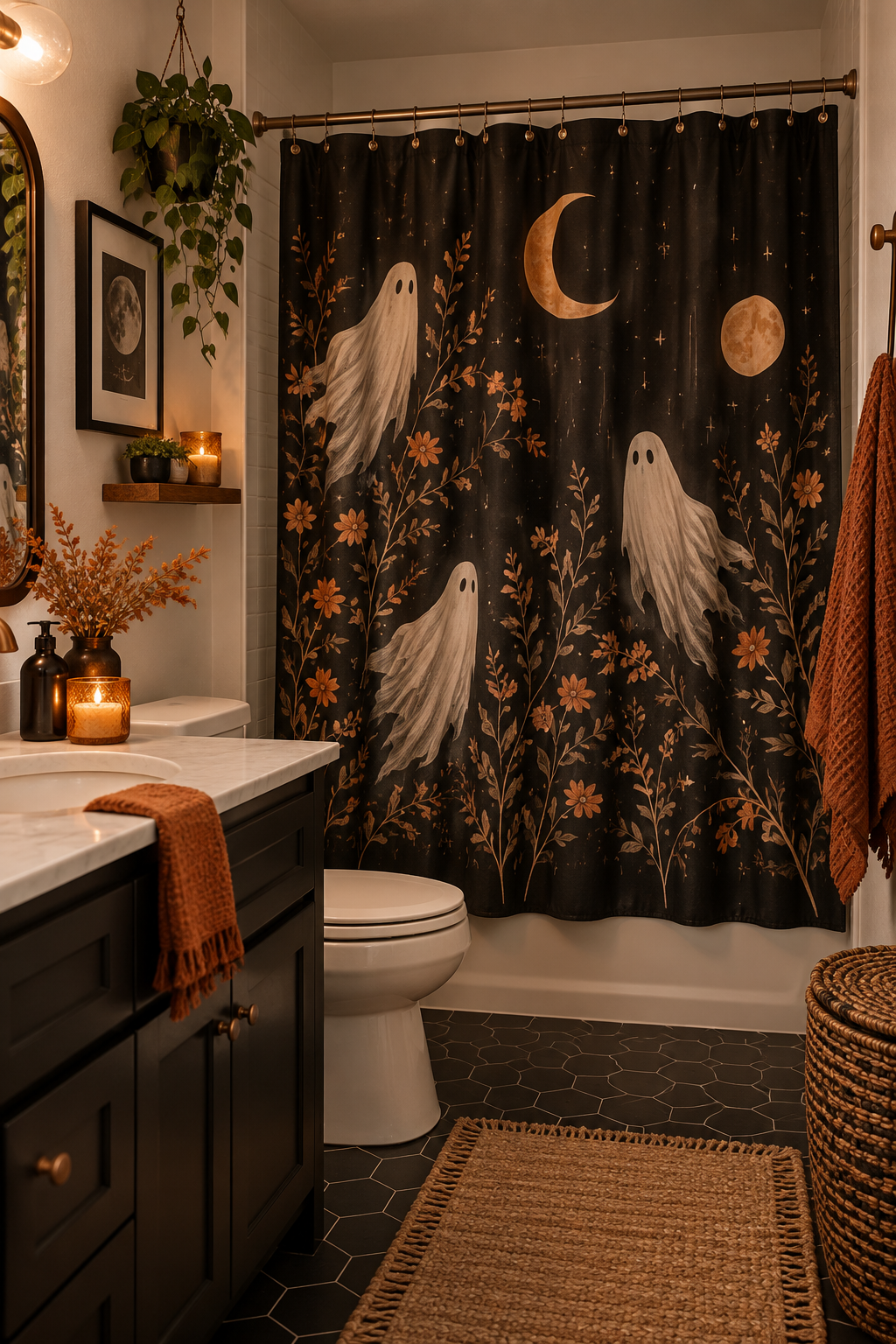 Add a Spooky Shower Curtain styled as Halloween apartment decor ideas