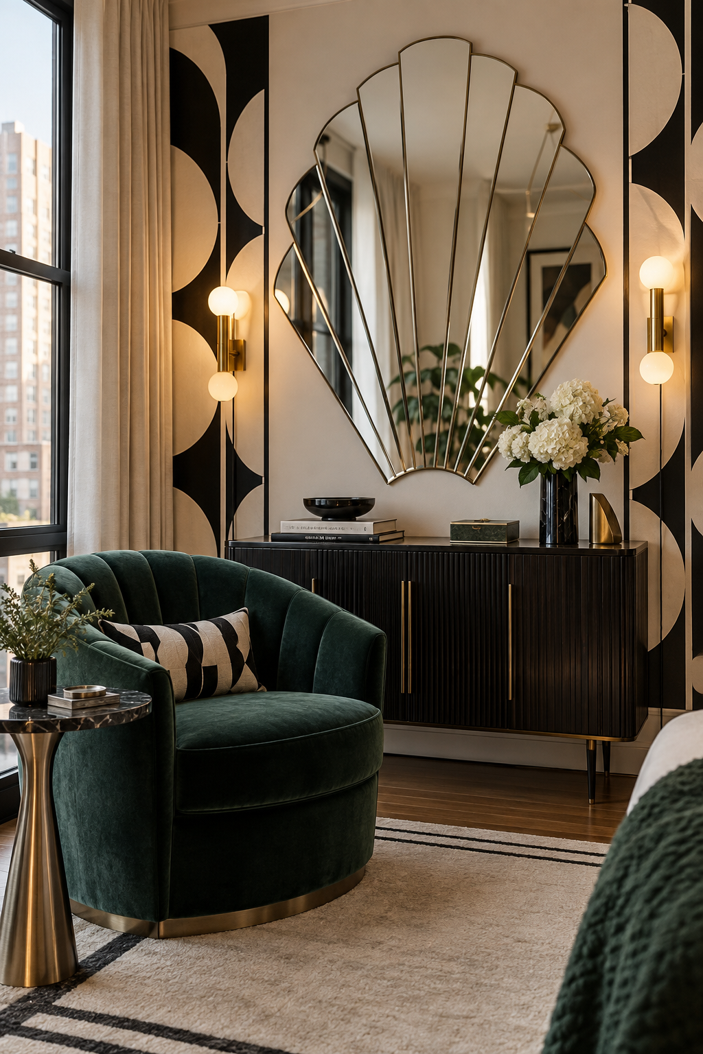 Renter-friendly Neo Deco corner with a fan mirror, removable geometric panels and plug-in sconces