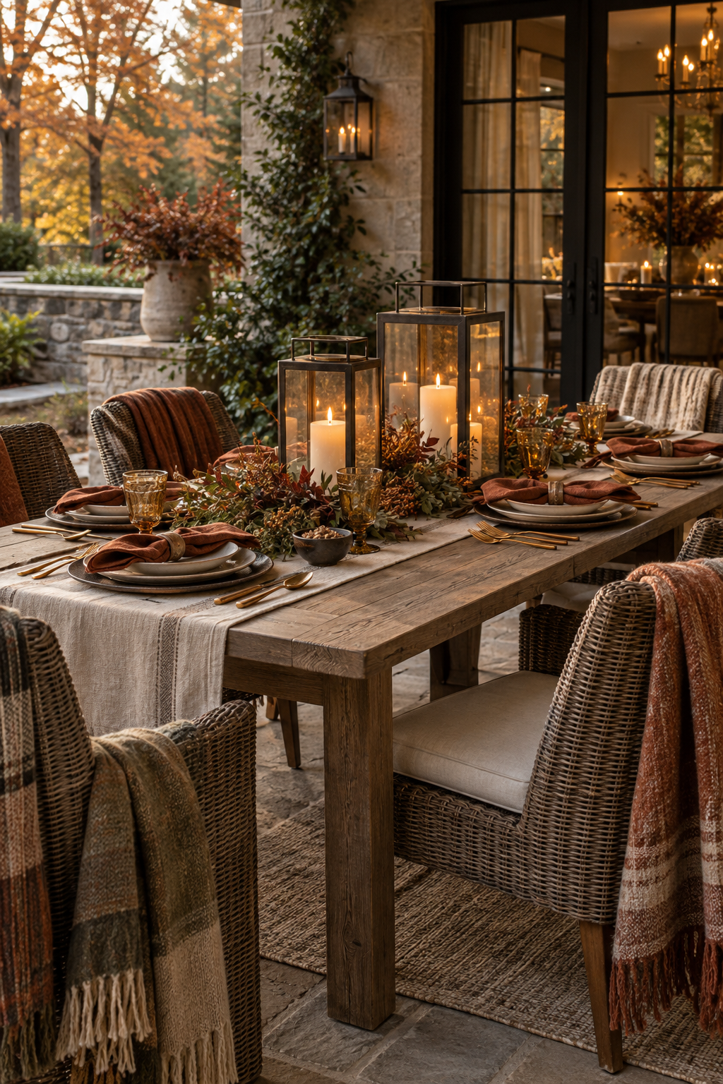 Outdoor autumn dinner with lanterns
