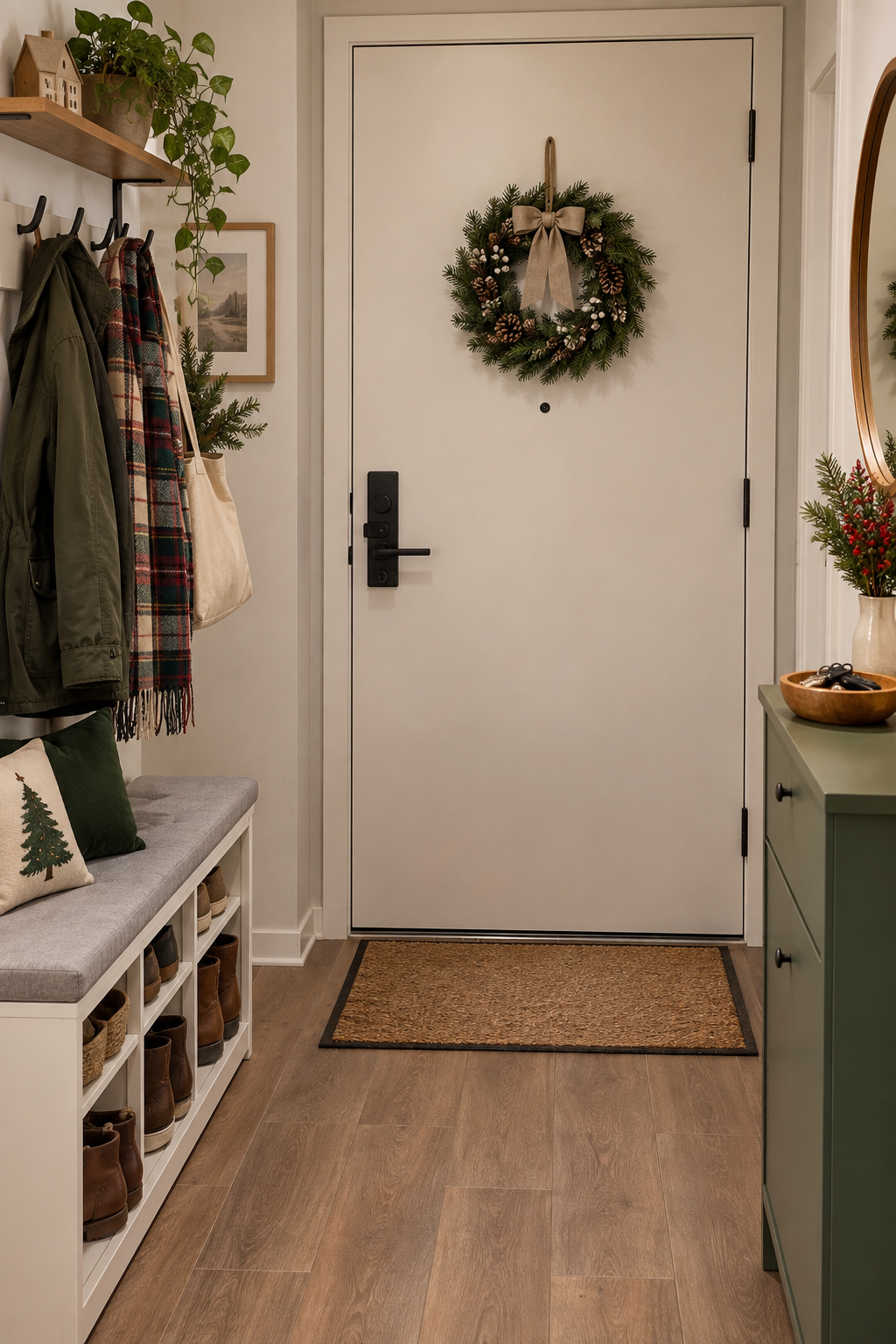 Create a compact Christmas entryway drop zone