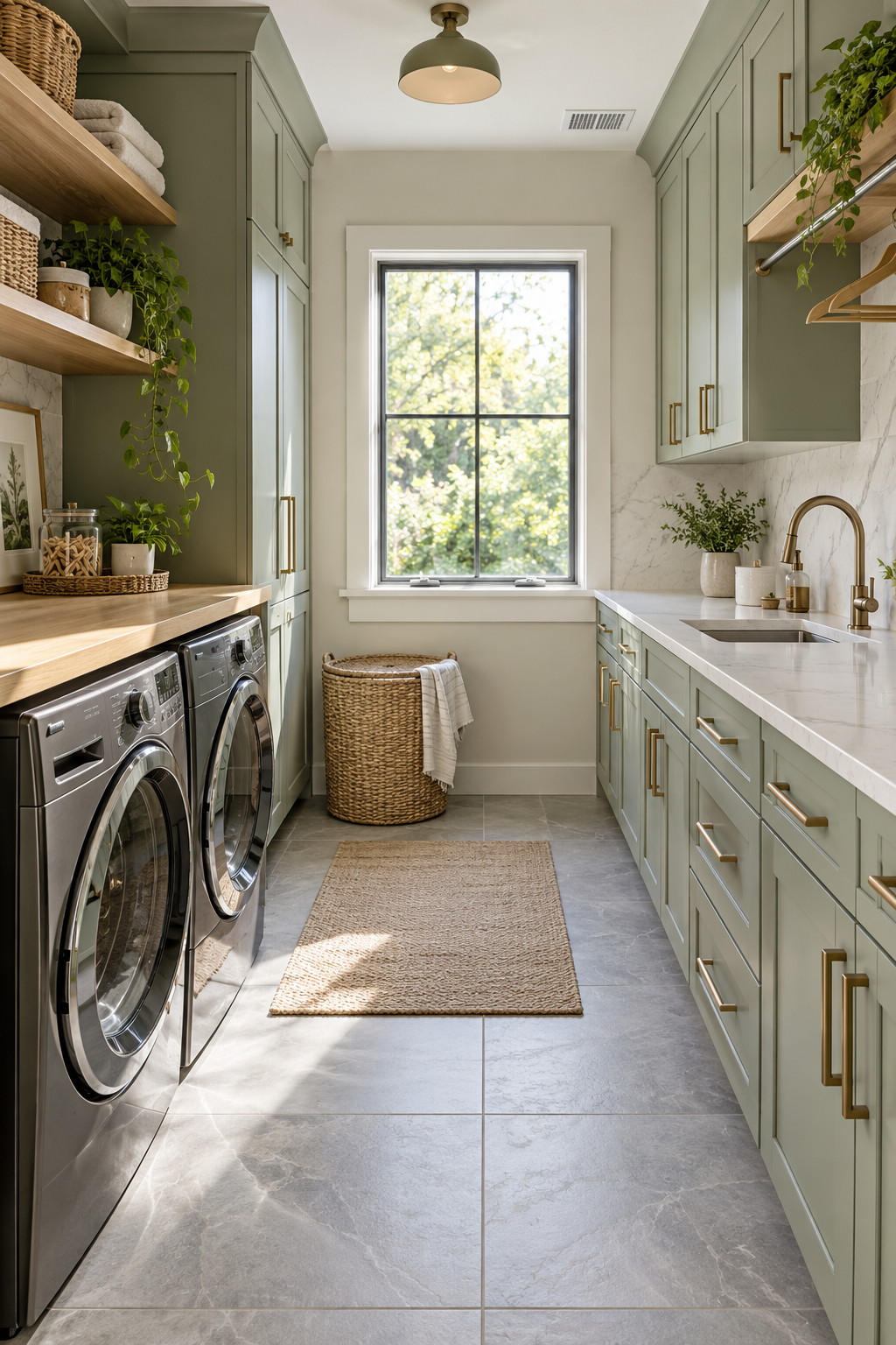 Choose Moisture-Resistant Materials in a compact organized laundry room