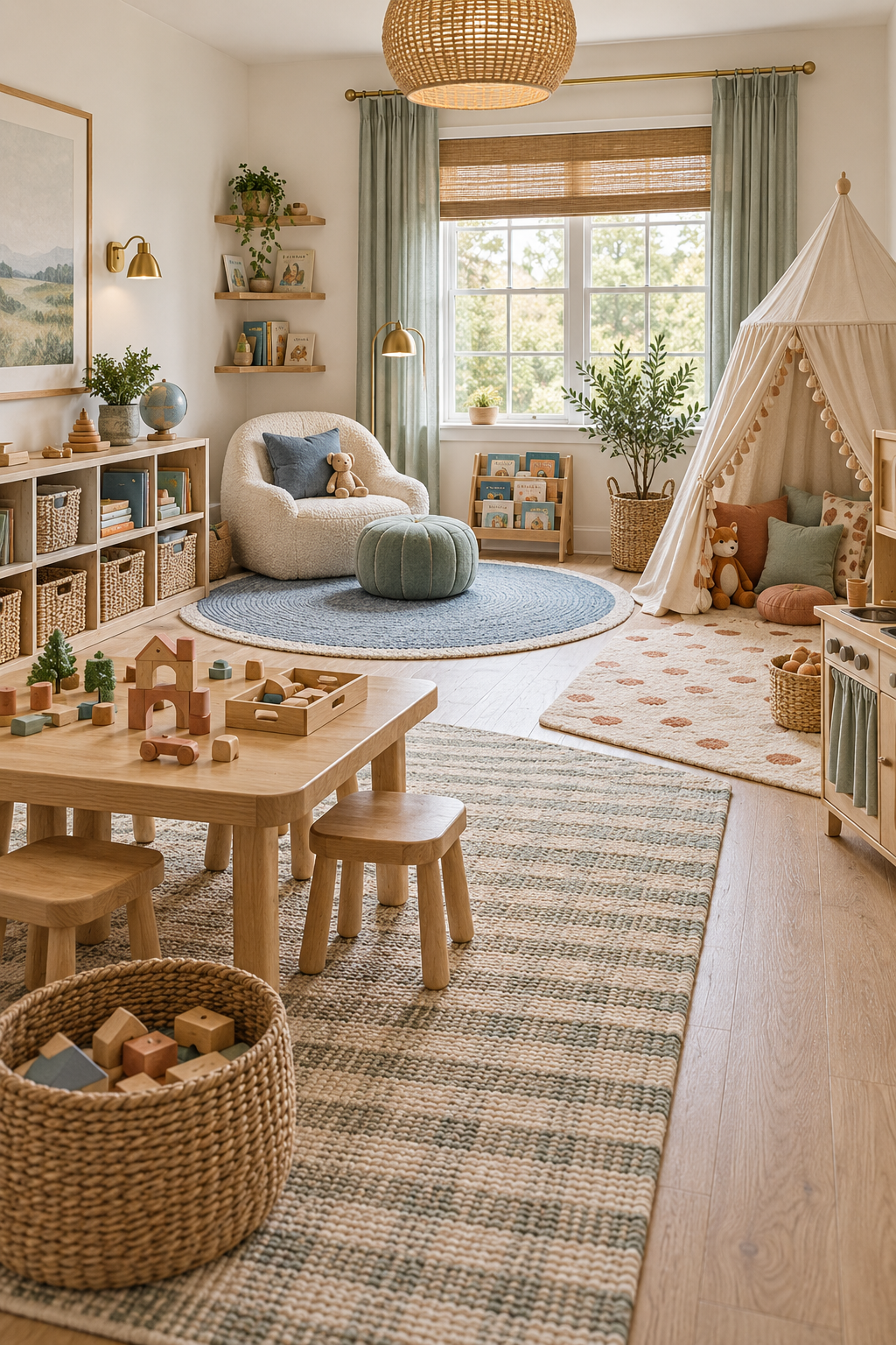 Create Activity Zones with Rugs in a stylish organized playroom