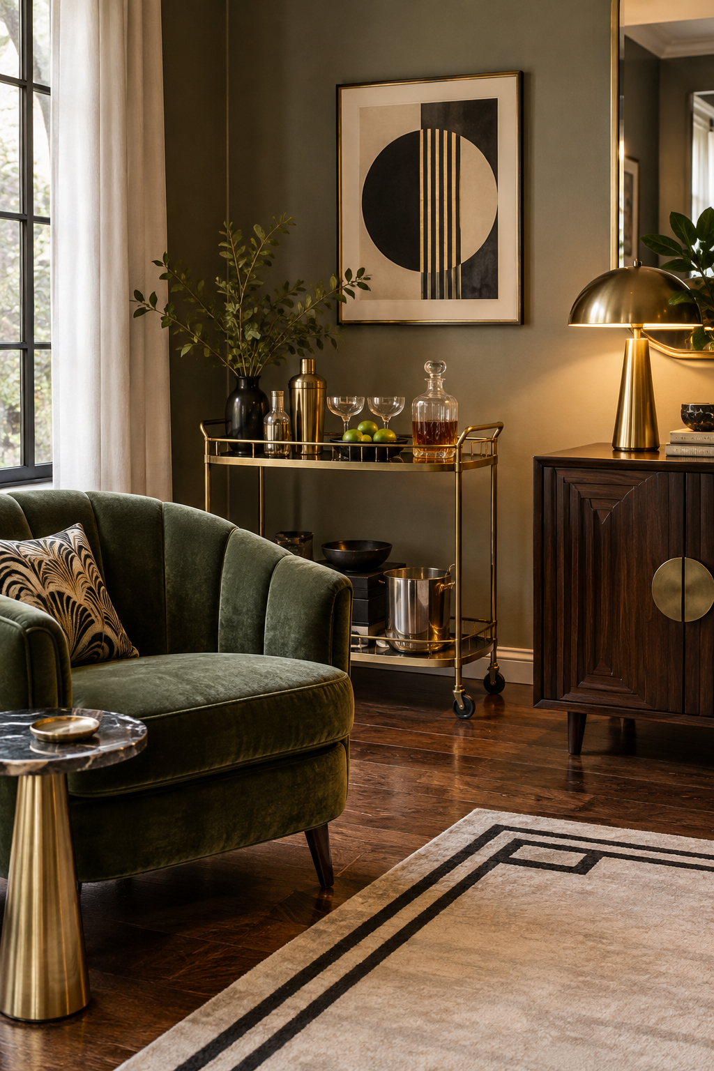 Budget Neo Deco corner with a thrifted brass bar cart, green velvet chair and vintage wood cabinet