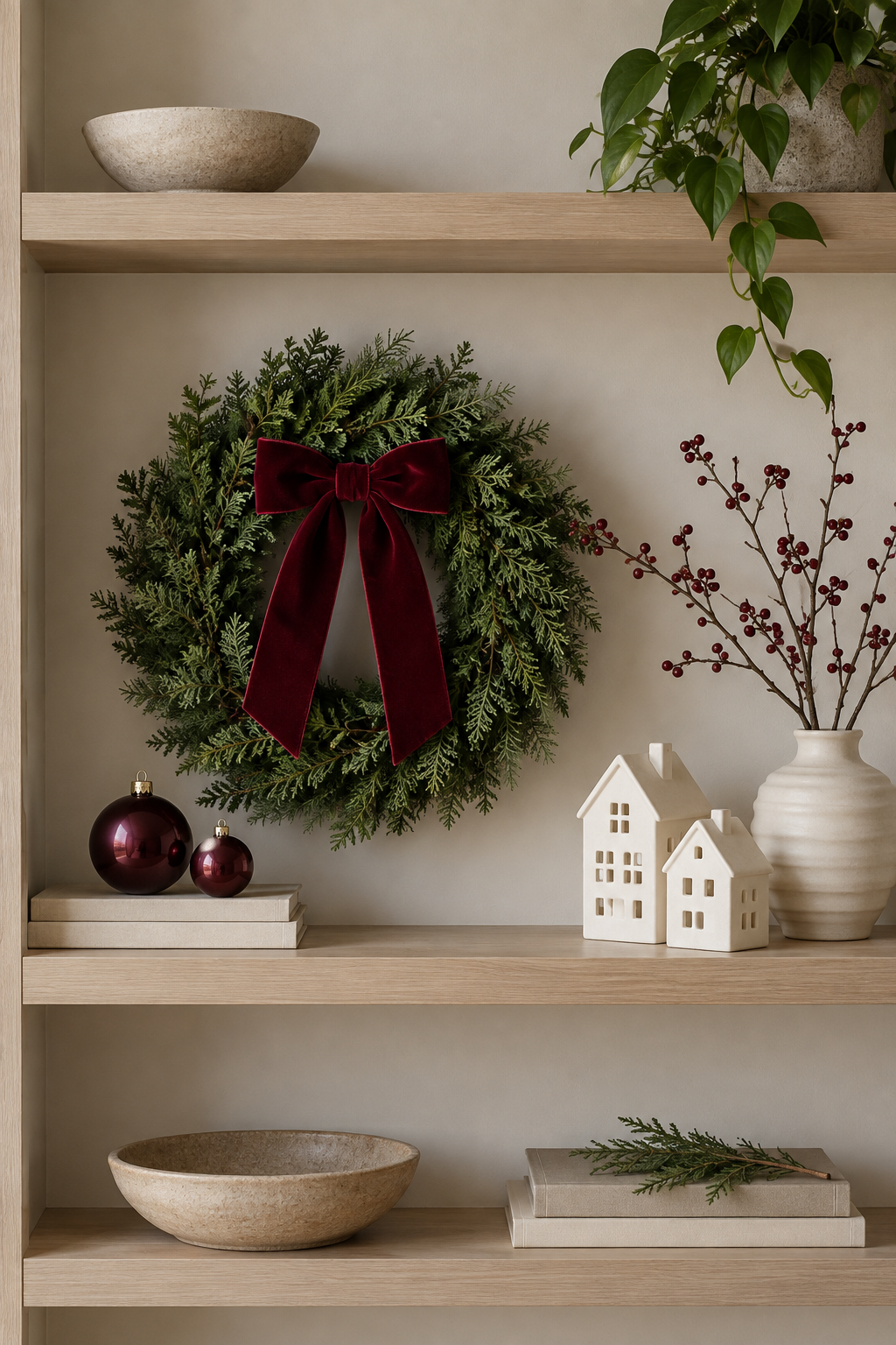 Minimal Christmas shelf with burgundy bow, green branch and ivory ceramic houses