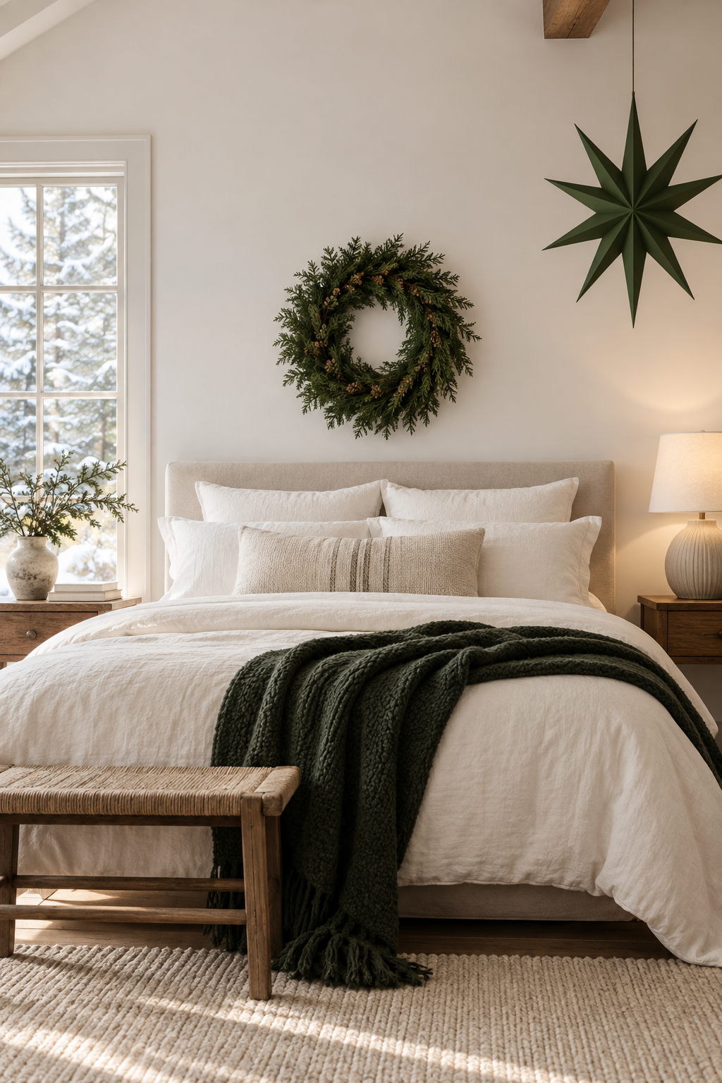 Minimal Christmas bedroom decorated with one wreath, a green throw and paper star