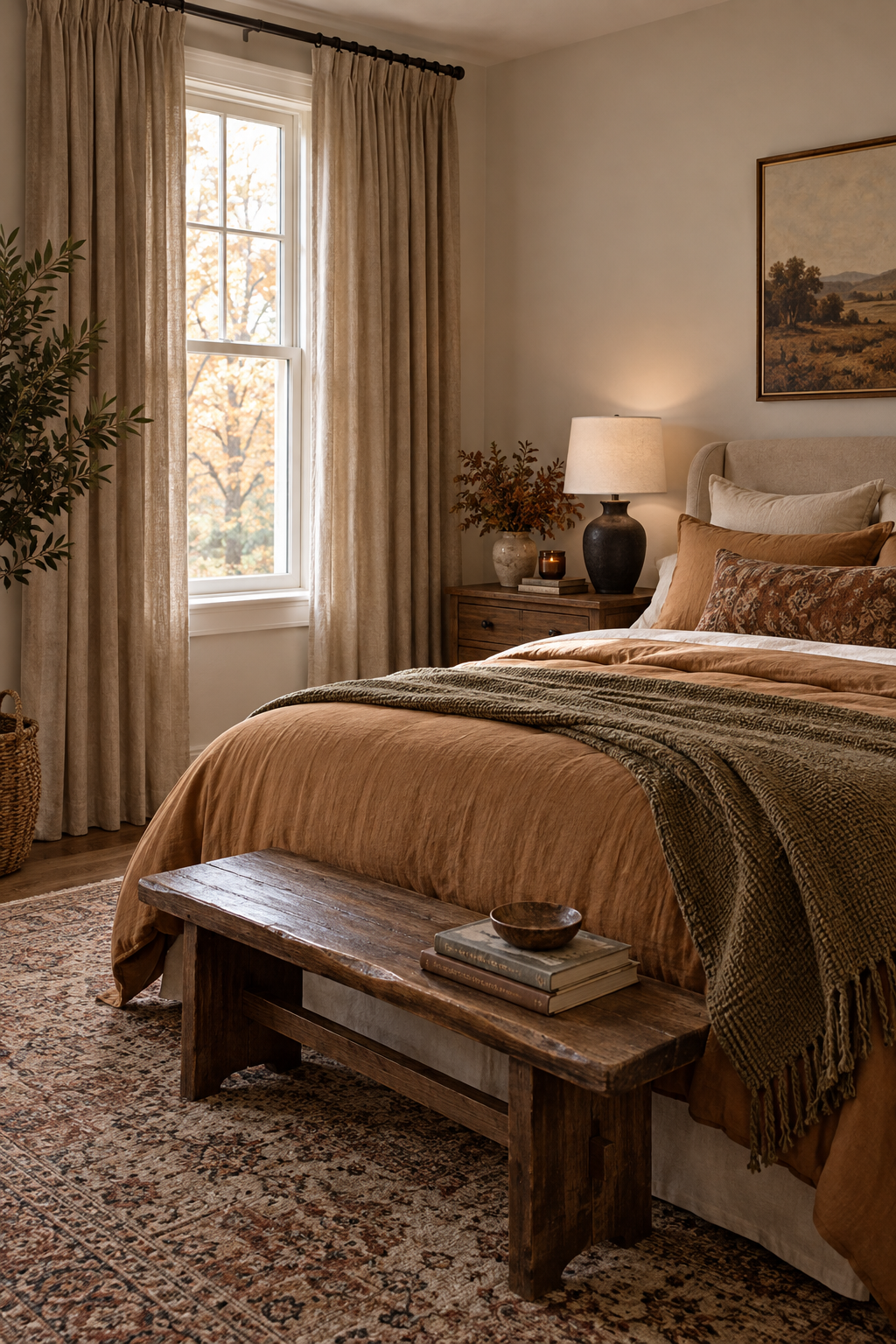 Full length warm curtains in fall bedroom