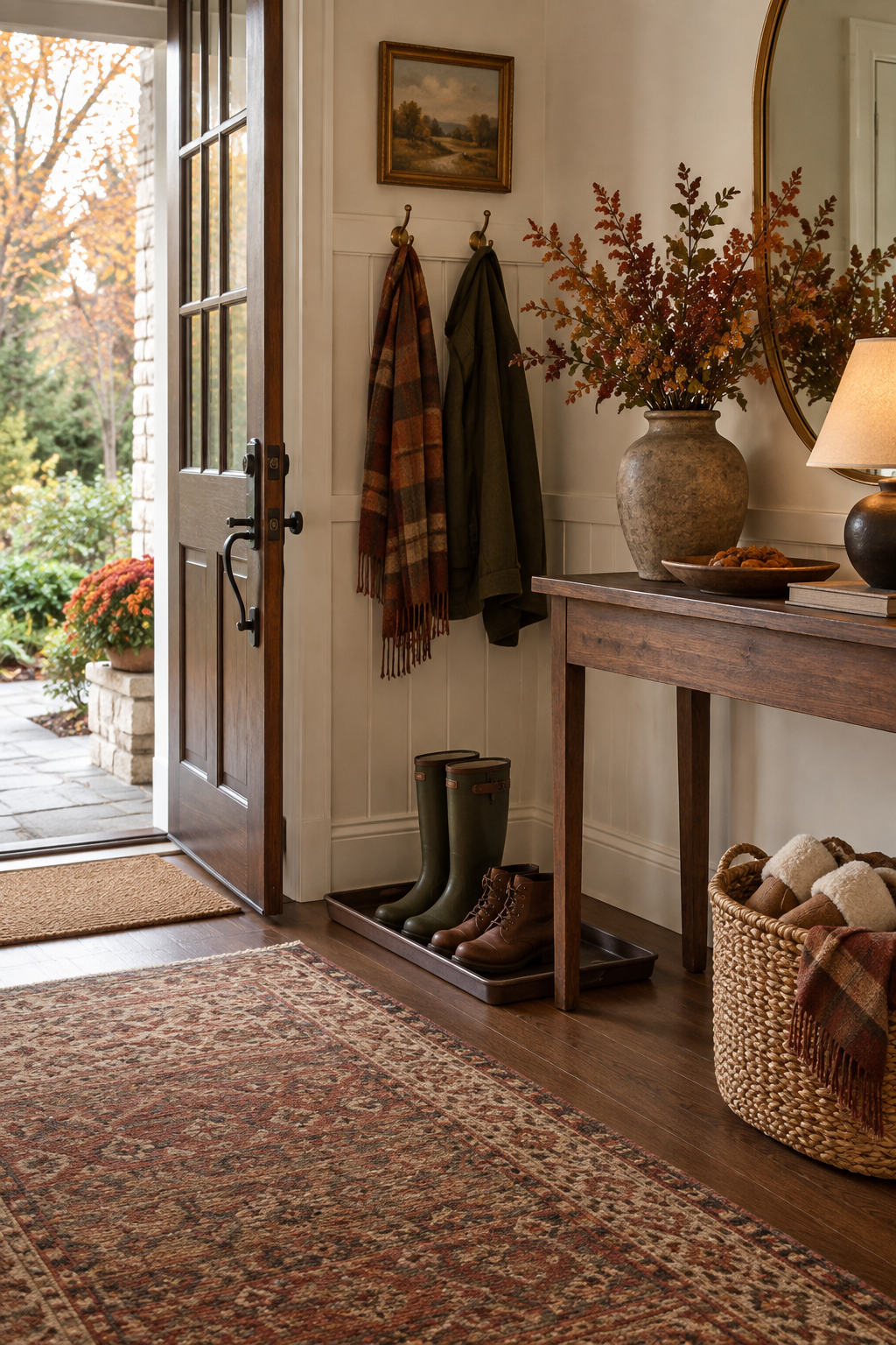 Practical boot tray in cozy autumn entry