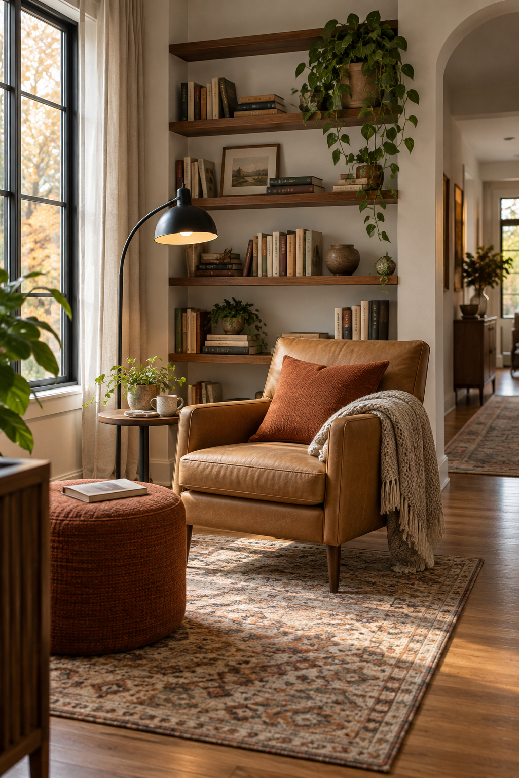 Modern reading nook with walnut and rust accents
