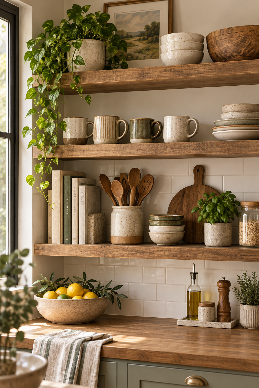 Open kitchen shelving with useful ceramics and wooden utensils