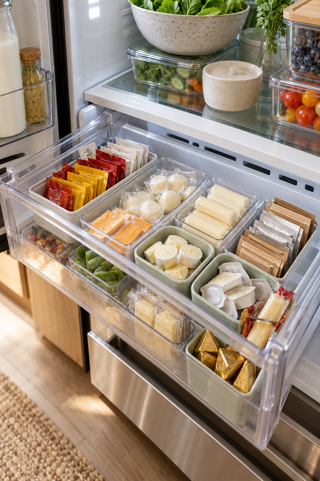 Use Drawer Bins for Small Packets in a clean organized refrigerator