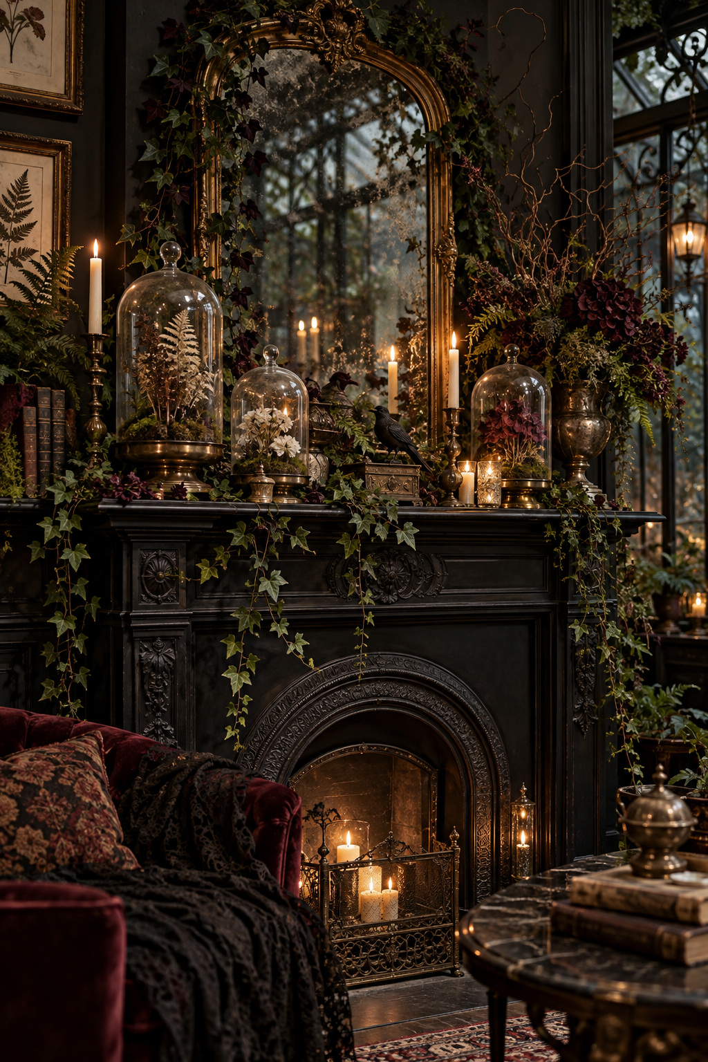 Build a Haunted Conservatory Look styled as gothic Victorian Halloween mantel ideas