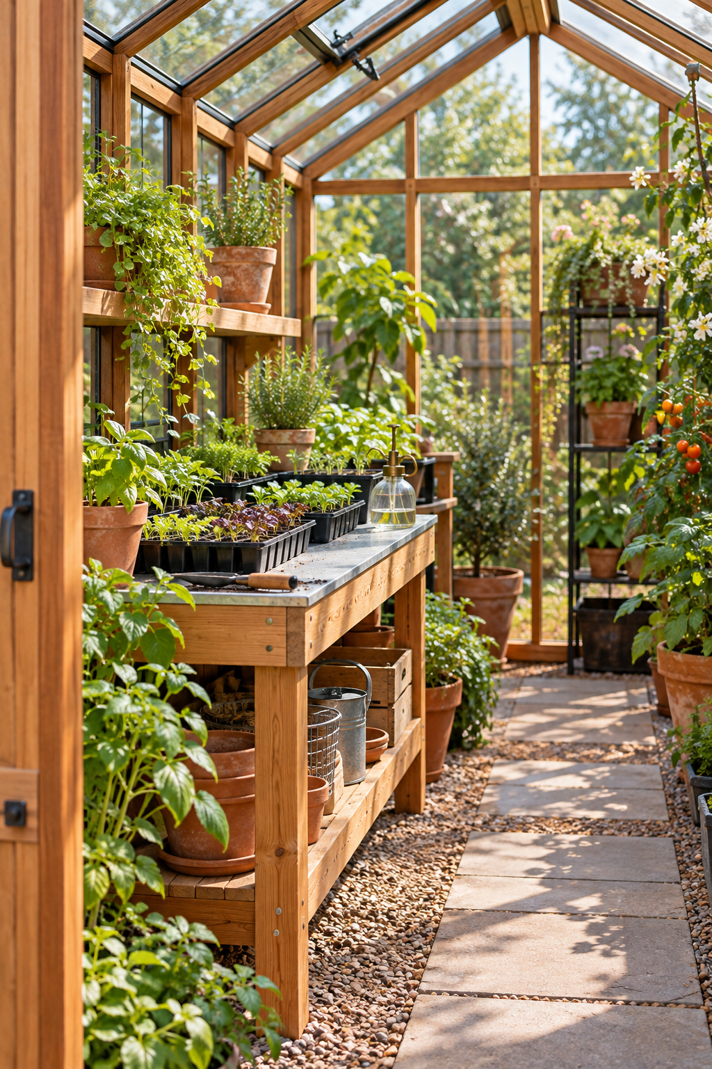 Build a Compact Seedling Bench inside a beautiful garden greenhouse