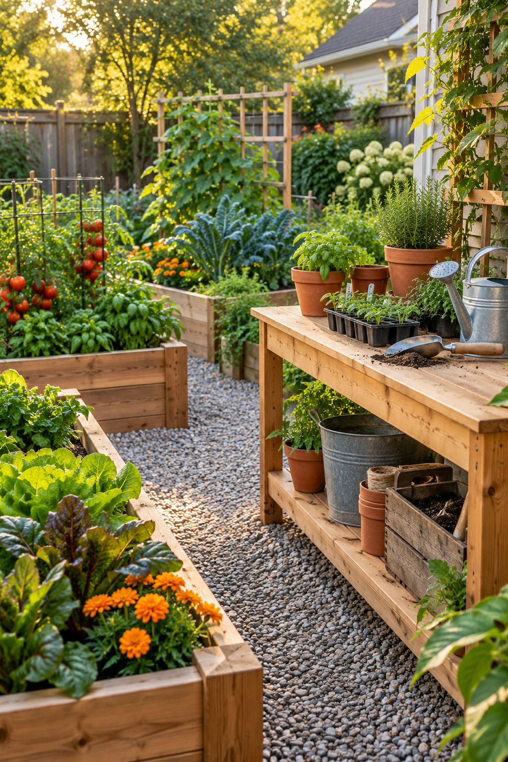 Add a Small Potting Bench in a small backyard garden