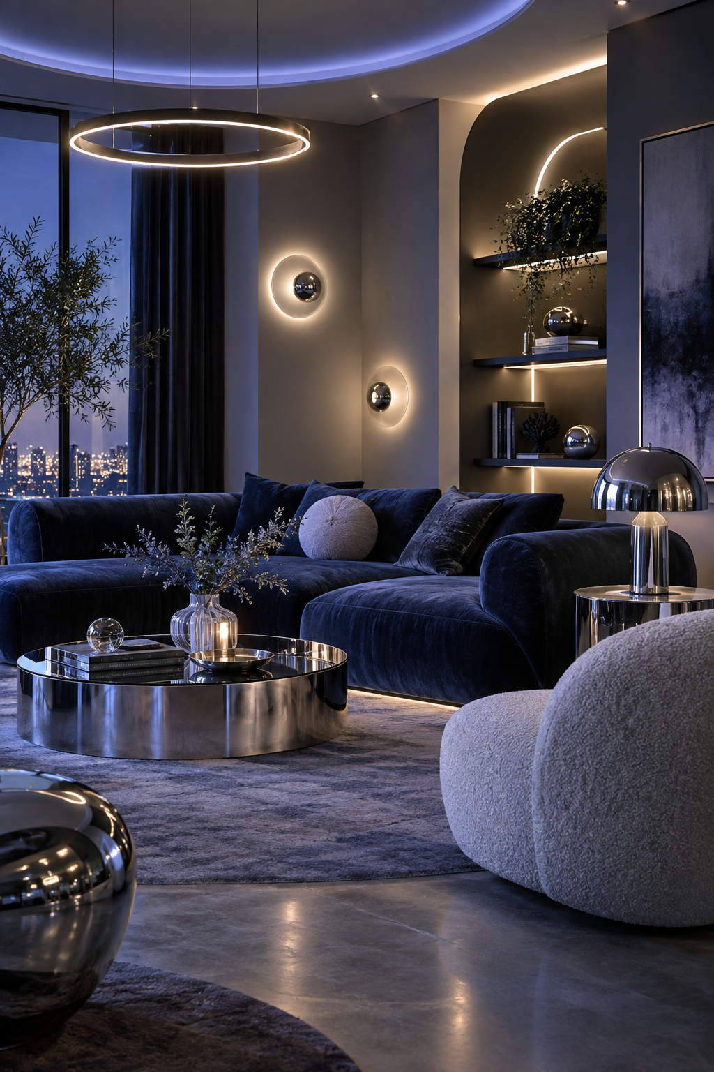 Living room with layered orbital pendants, globe lamps and indirect light