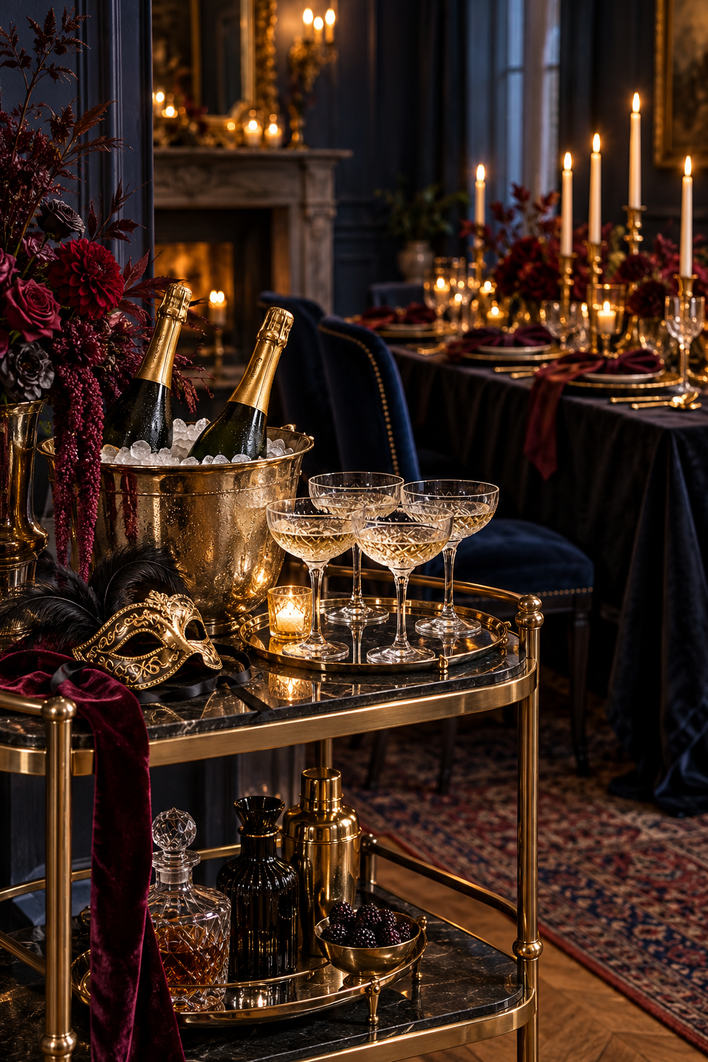 Create a Moody Champagne Station styled as Halloween masquerade tablescape ideas