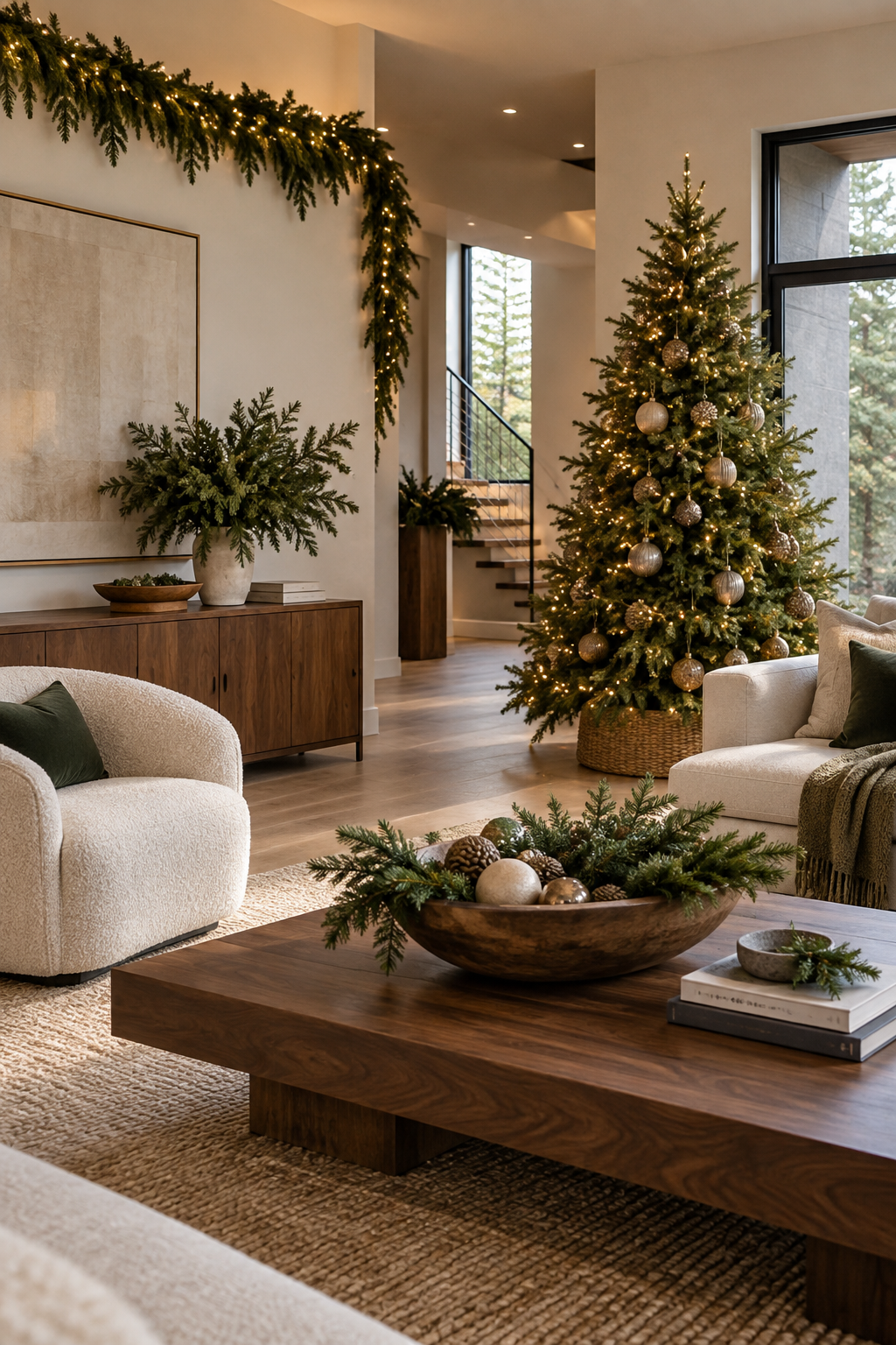 Modern natural Christmas living room with sculptural tree and walnut furniture