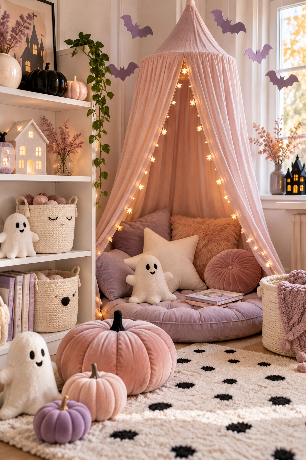 Create a Kids’ Pastel Halloween Corner styled as pink Halloween decor ideas