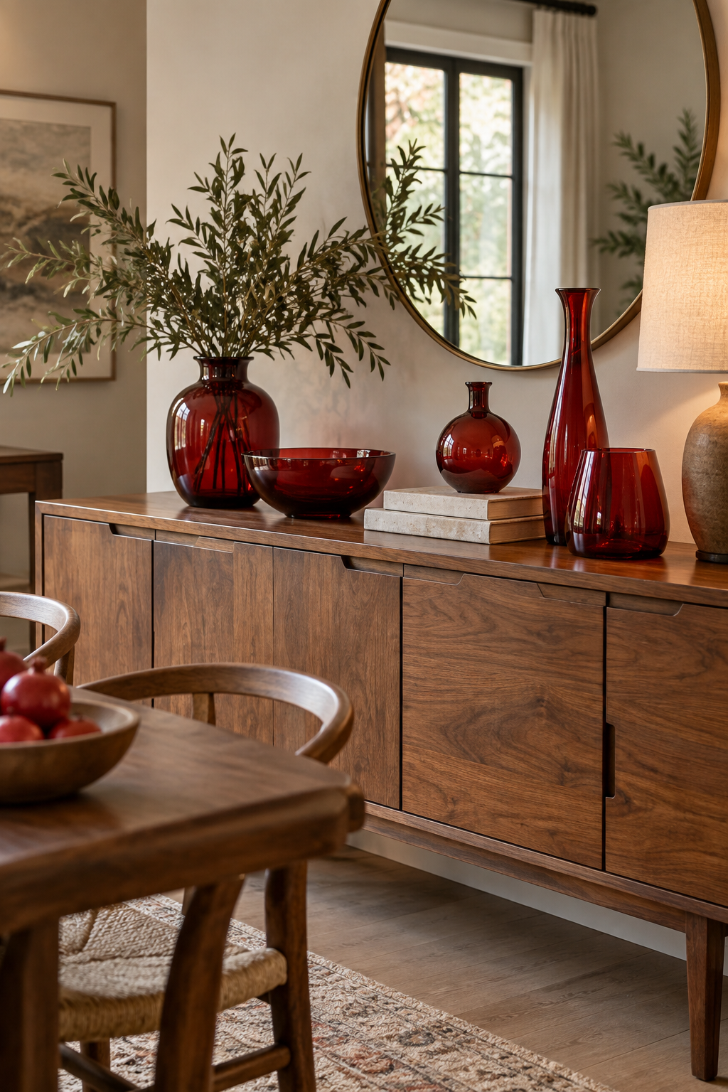 Pair Red Glass with Warm Wood