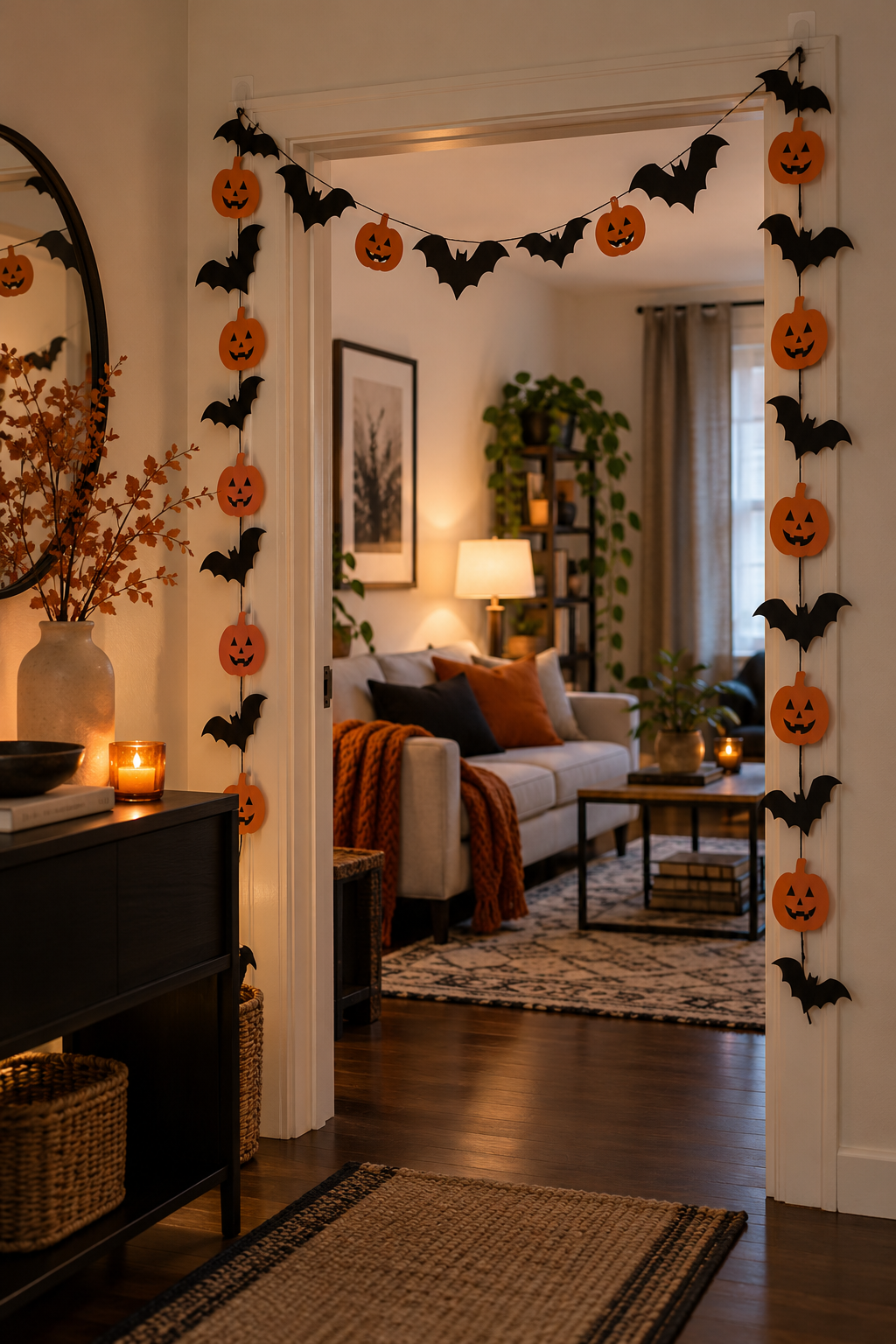 Create a Doorframe Garland without Nails styled as Halloween apartment decor ideas