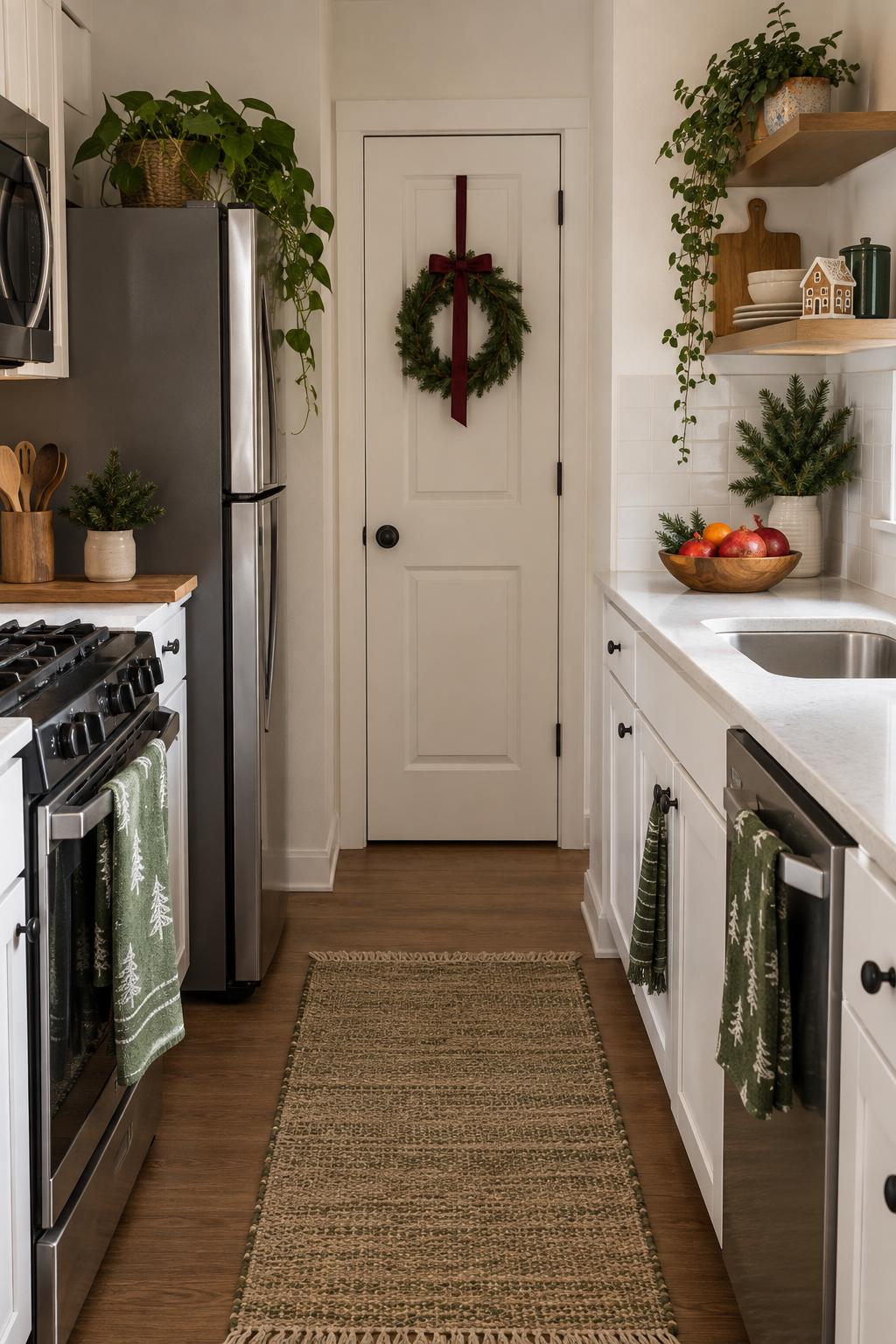 Decorate an apartment kitchen for Christmas without clutter