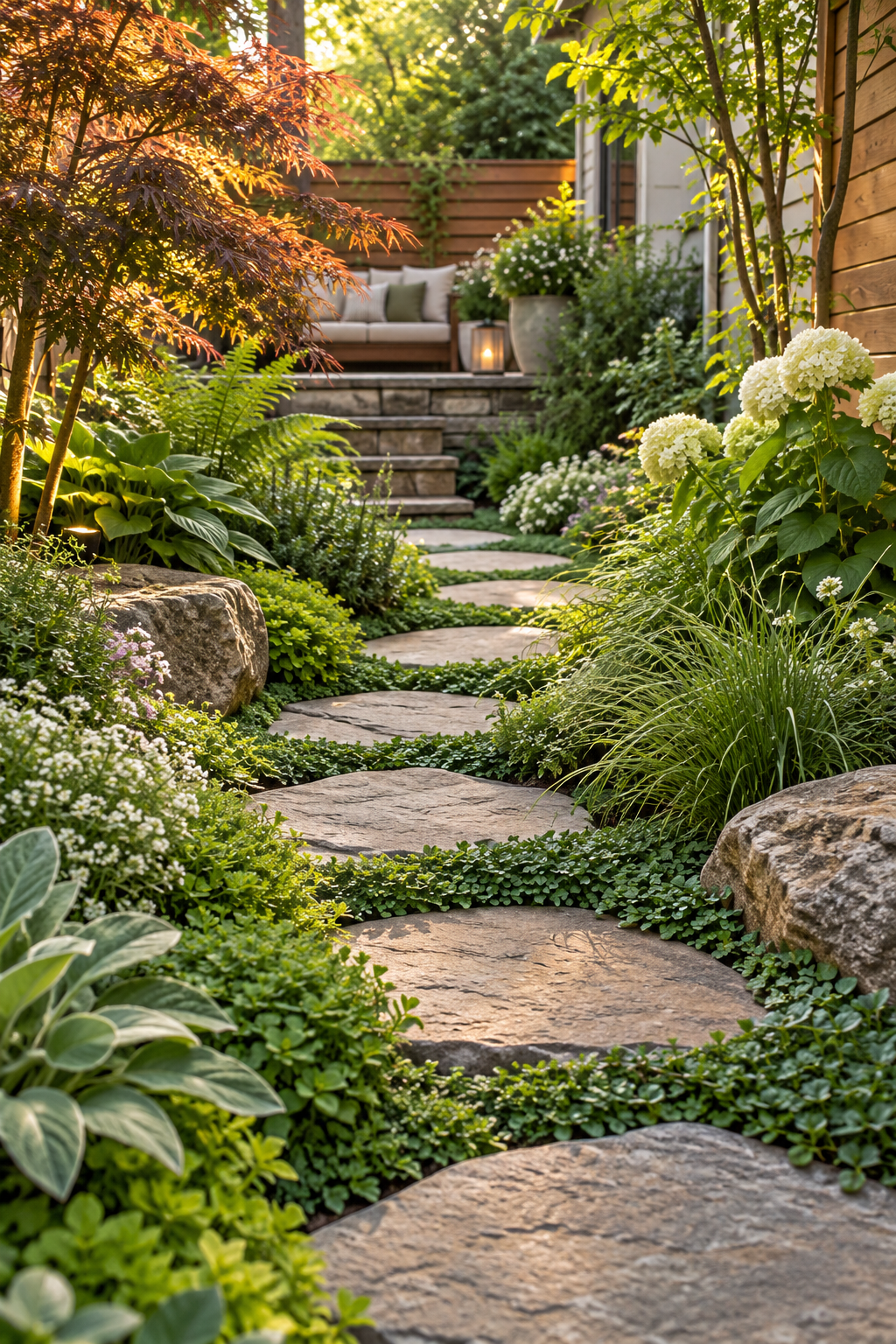 Add Stepping Stones Through Groundcover in a small backyard garden