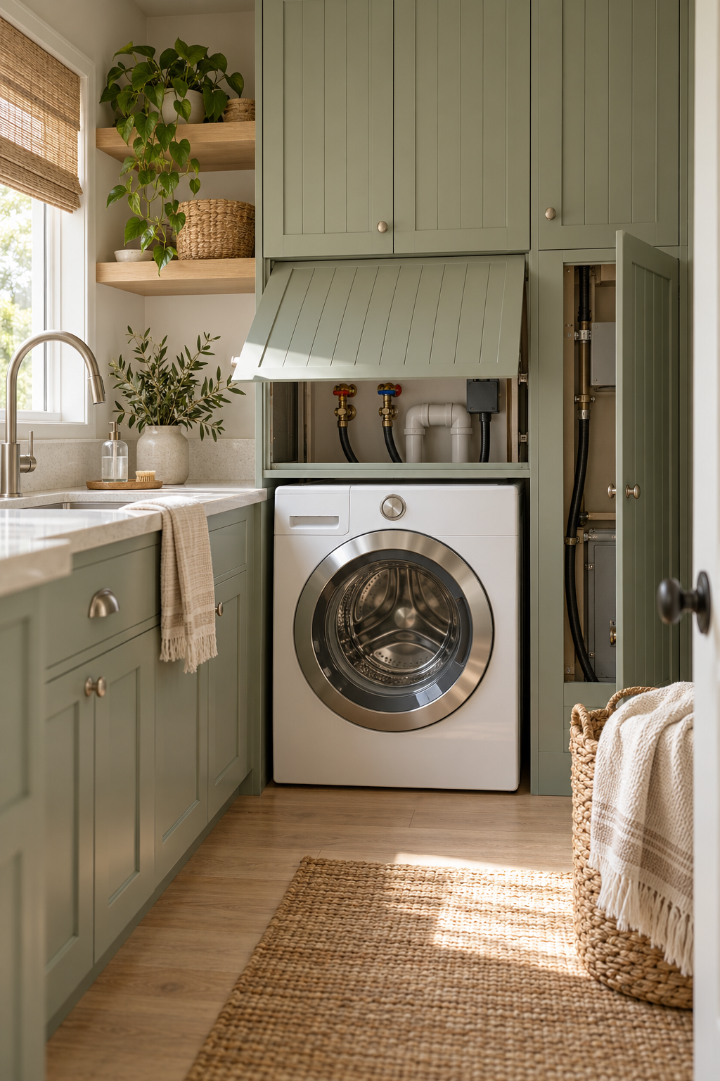 Hide Utility Connections with Removable Panels in a compact organized laundry room