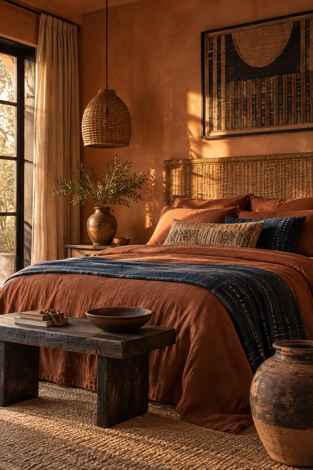 Terracotta Afrobohemian bedroom with rust linen, indigo throw, woven headboard and dark wood bench