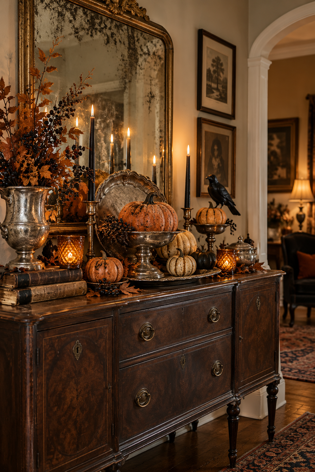 Use Tarnished Silver Serving Pieces styled as vintage Halloween decor ideas