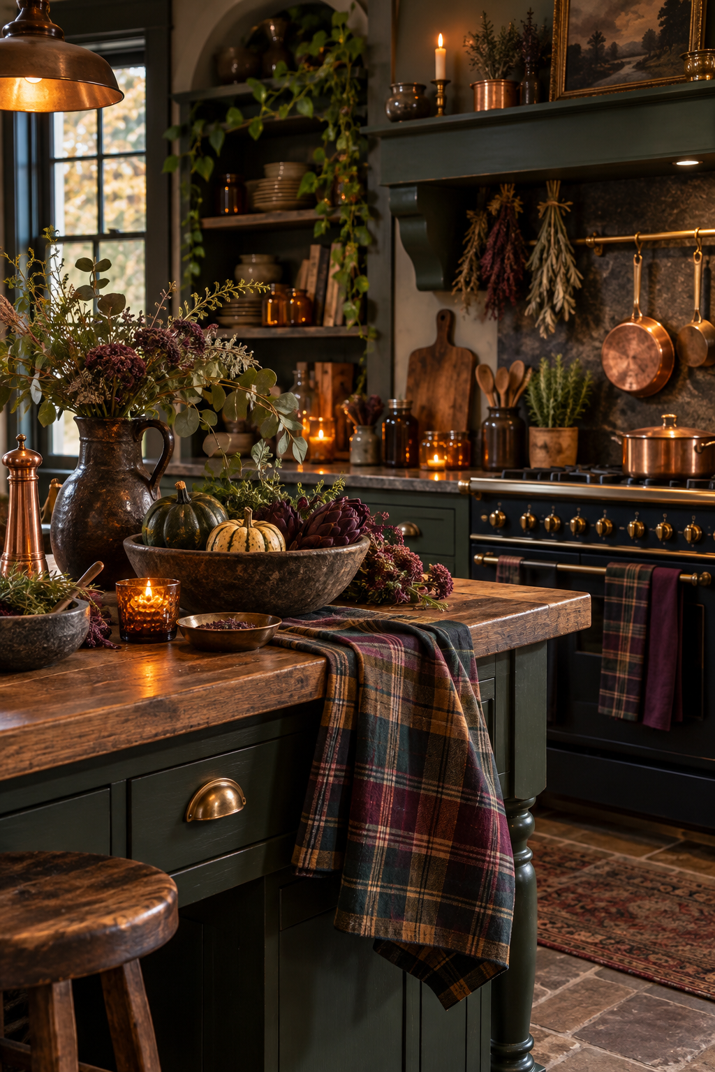 Use Moody Plaid Kitchen Linens styled as witchy kitchen decor ideas