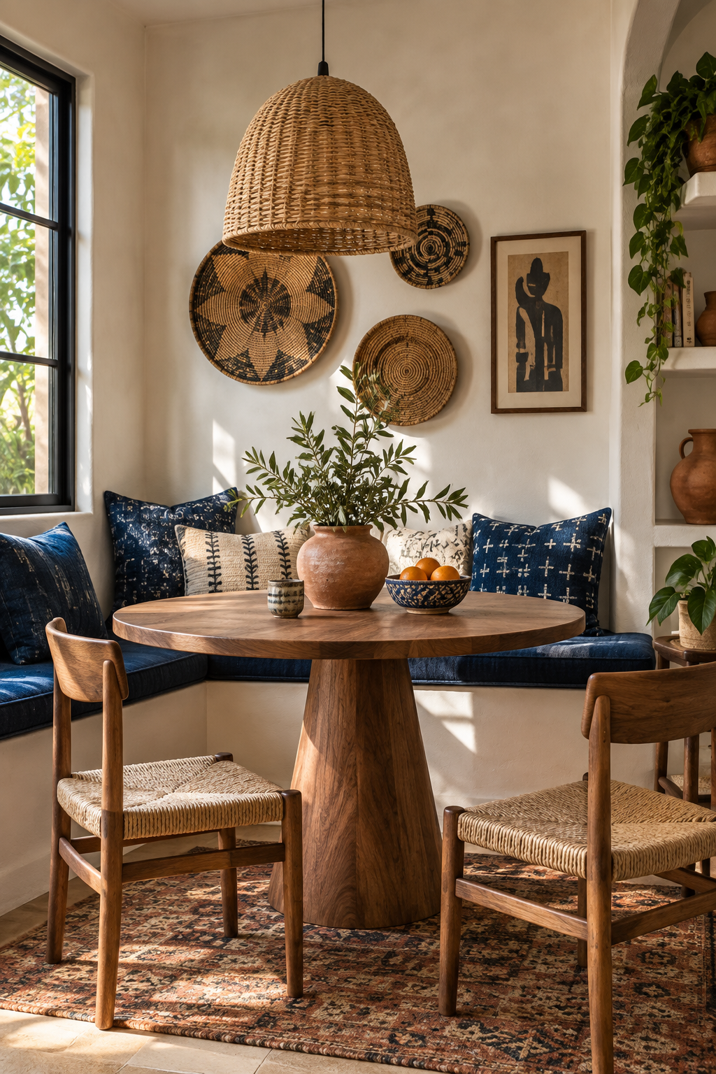 Small Afrobohemian dining nook with indigo bench cushions, round wood table and basket wall