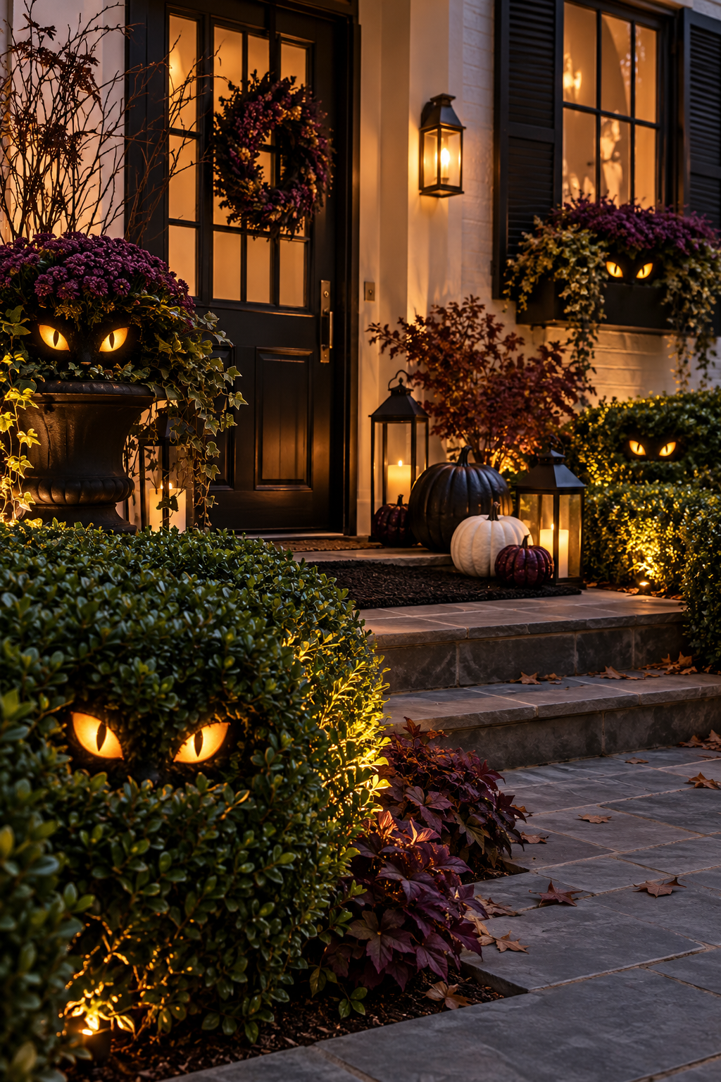 Finish with Glowing Cat-Eye Lights styled as black cat Halloween decor ideas