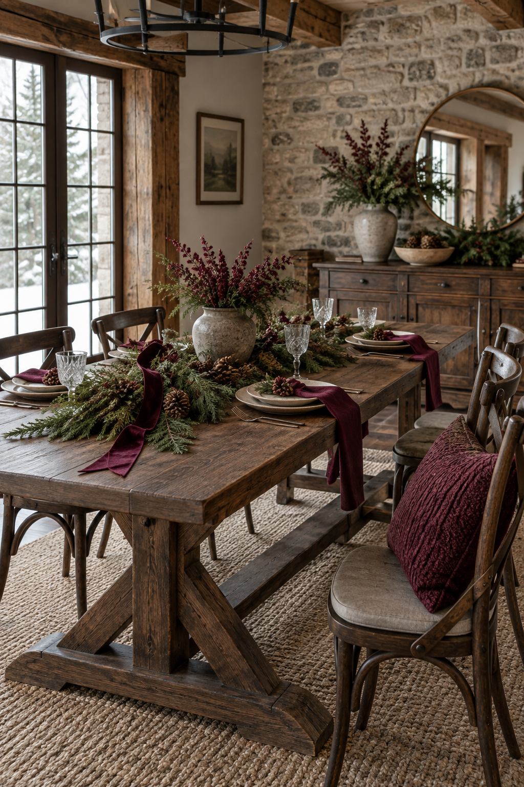 Rustic dining room with burgundy Christmas textiles, walnut table and cedar garland