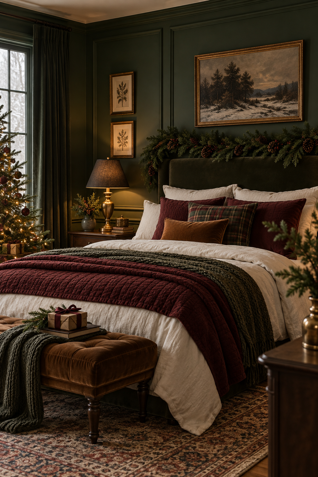 Moody Christmas bedroom with deep green walls, burgundy linen and warm shaded lamps