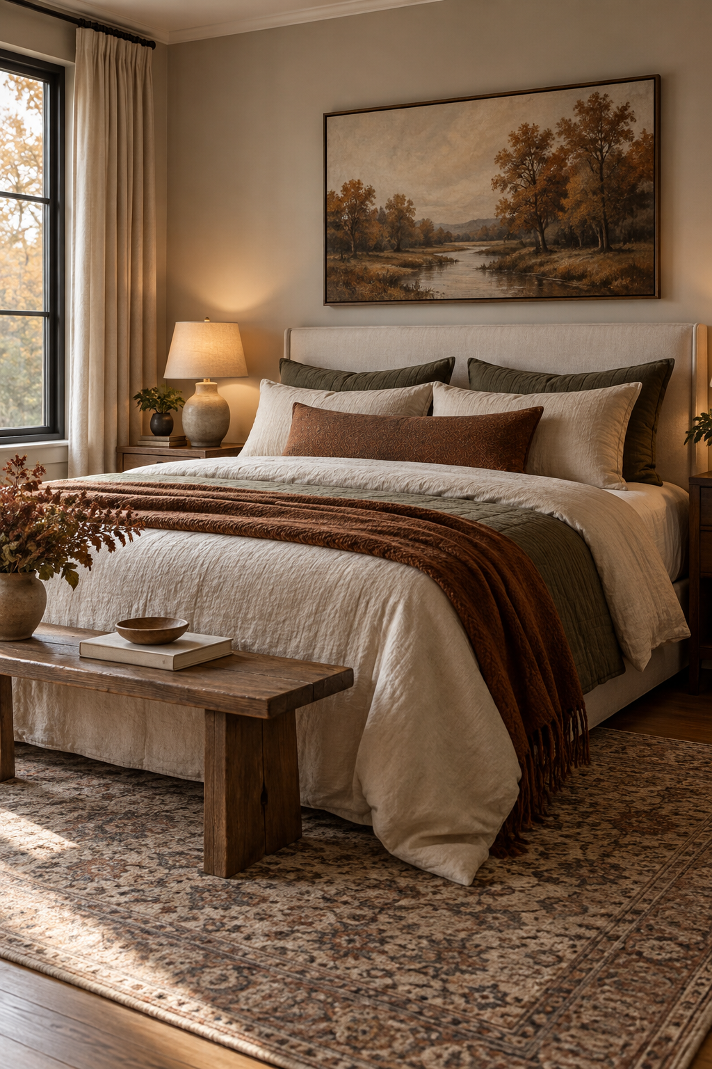 Muted autumn landscape art above bed