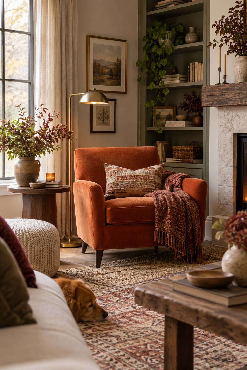 Burgundy and walnut fall living room