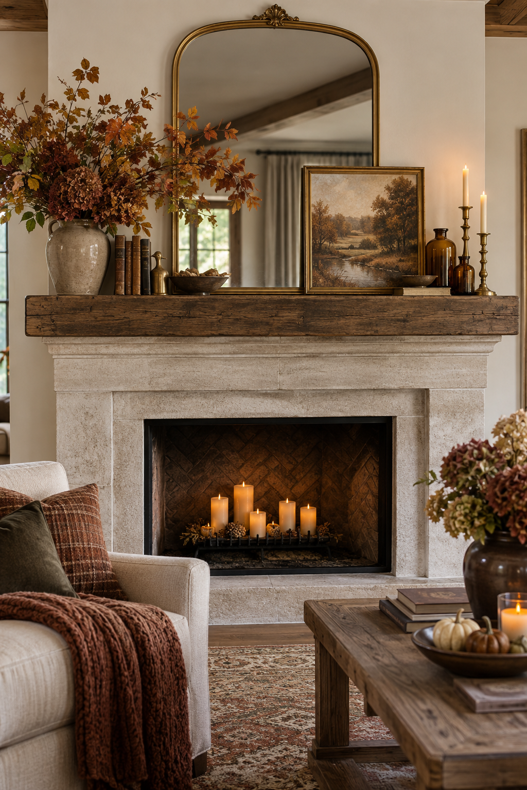 Vintage inspired fall mantel decor
