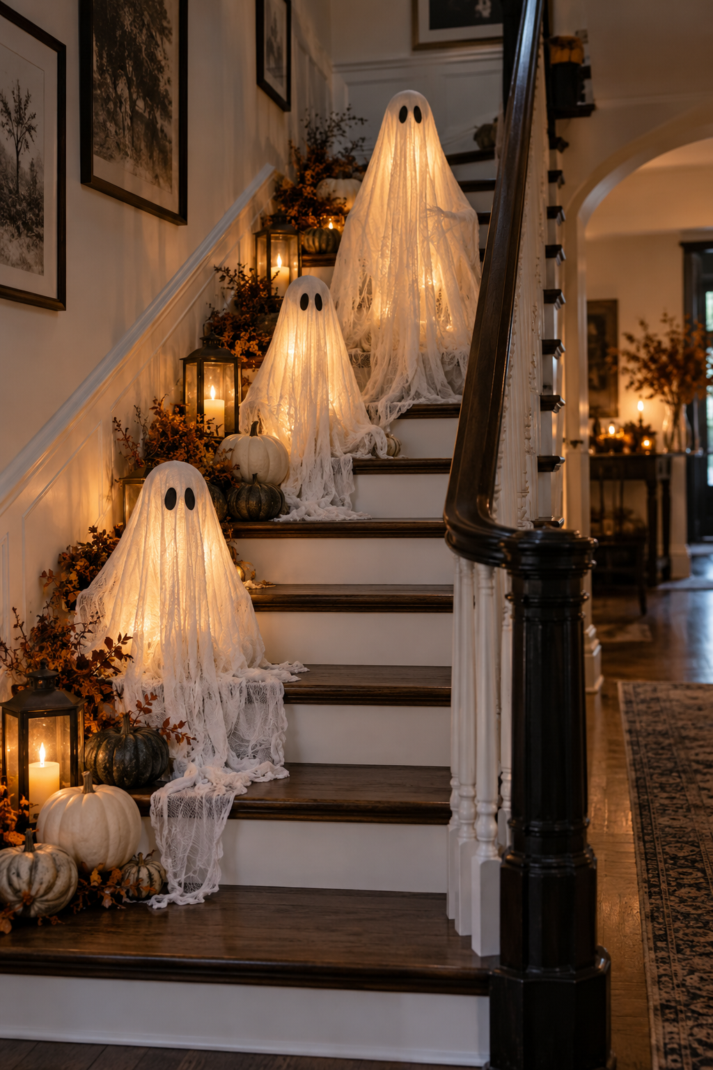 Build a Group of Staircase Ghosts styled as DIY ghost decor ideas