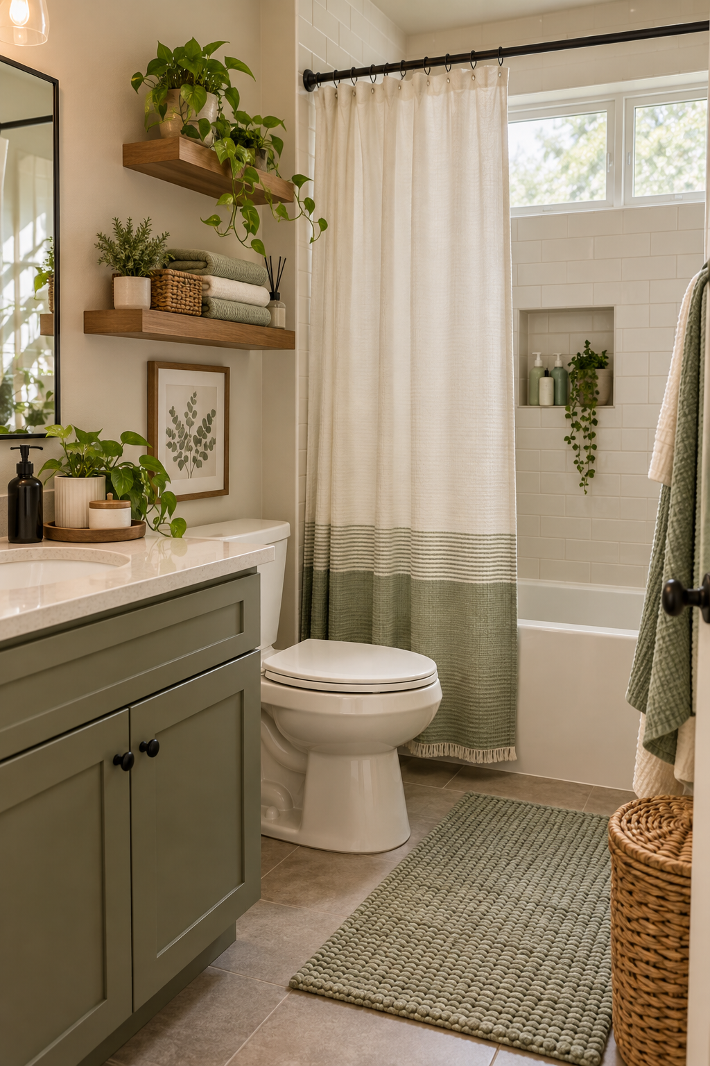 A simple bathroom refreshed with coordinated towels and storage