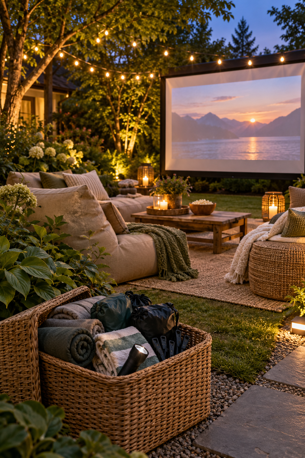 Prepare a Weather Backup Basket for a magical garden movie night
