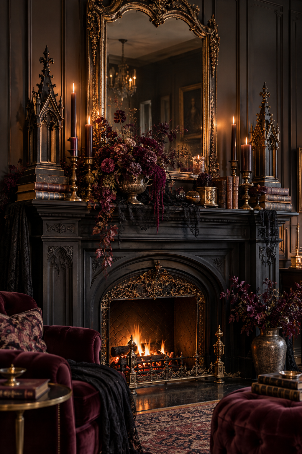 Use Architectural Finials styled as gothic Victorian Halloween mantel ideas