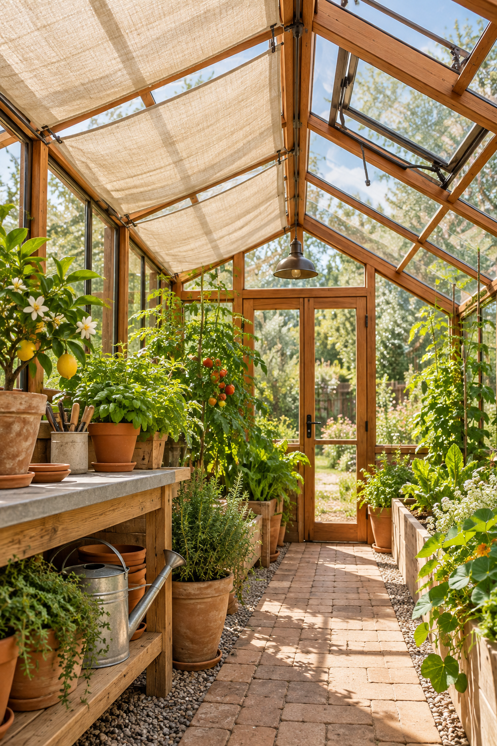 Add Linen Shade Panels inside a beautiful garden greenhouse